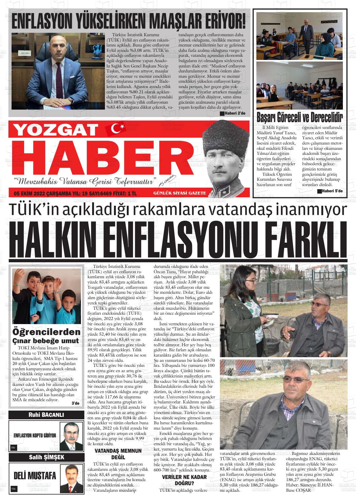 05 Ekim 2022 Yozgat Haber Gazete Manşeti