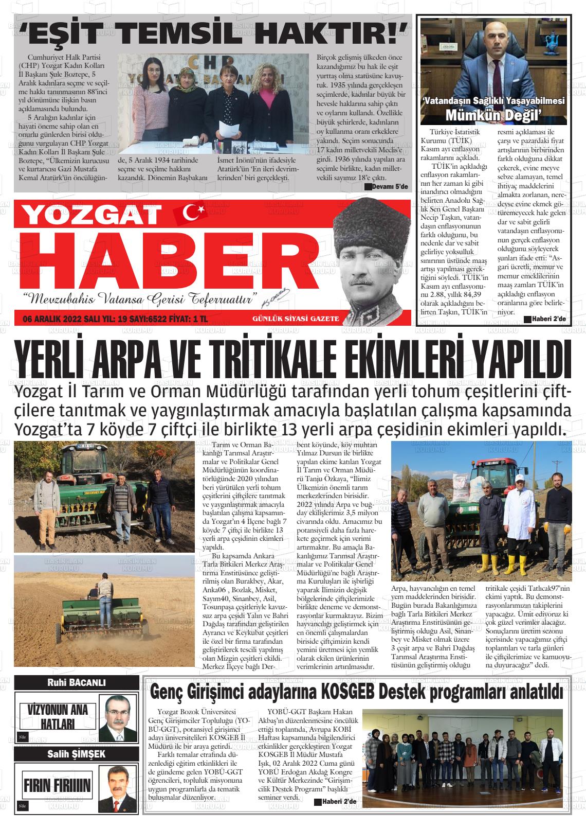 06 Aralık 2022 Yozgat Haber Gazete Manşeti