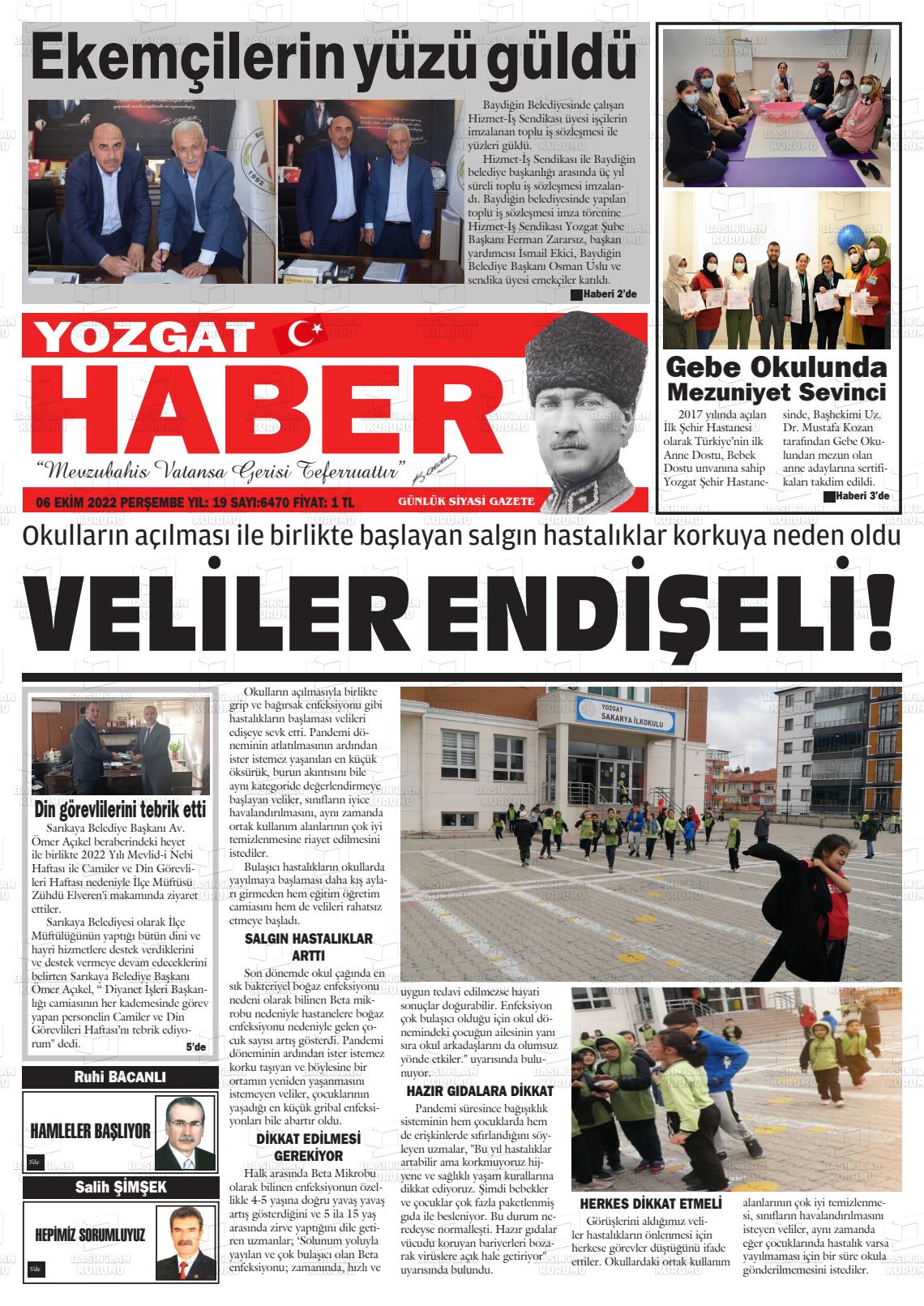 06 Ekim 2022 Yozgat Haber Gazete Manşeti