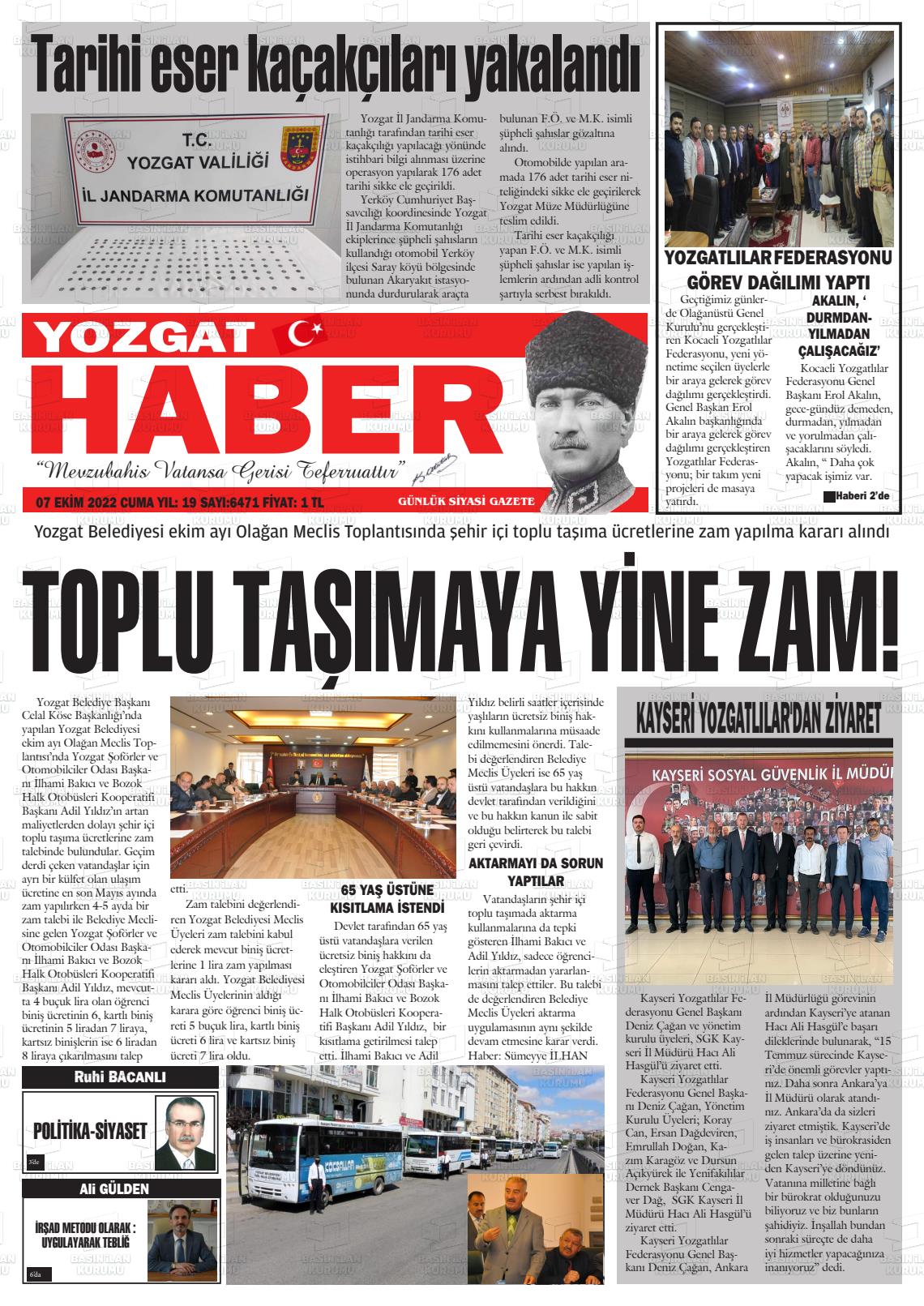 07 Ekim 2022 Yozgat Haber Gazete Manşeti