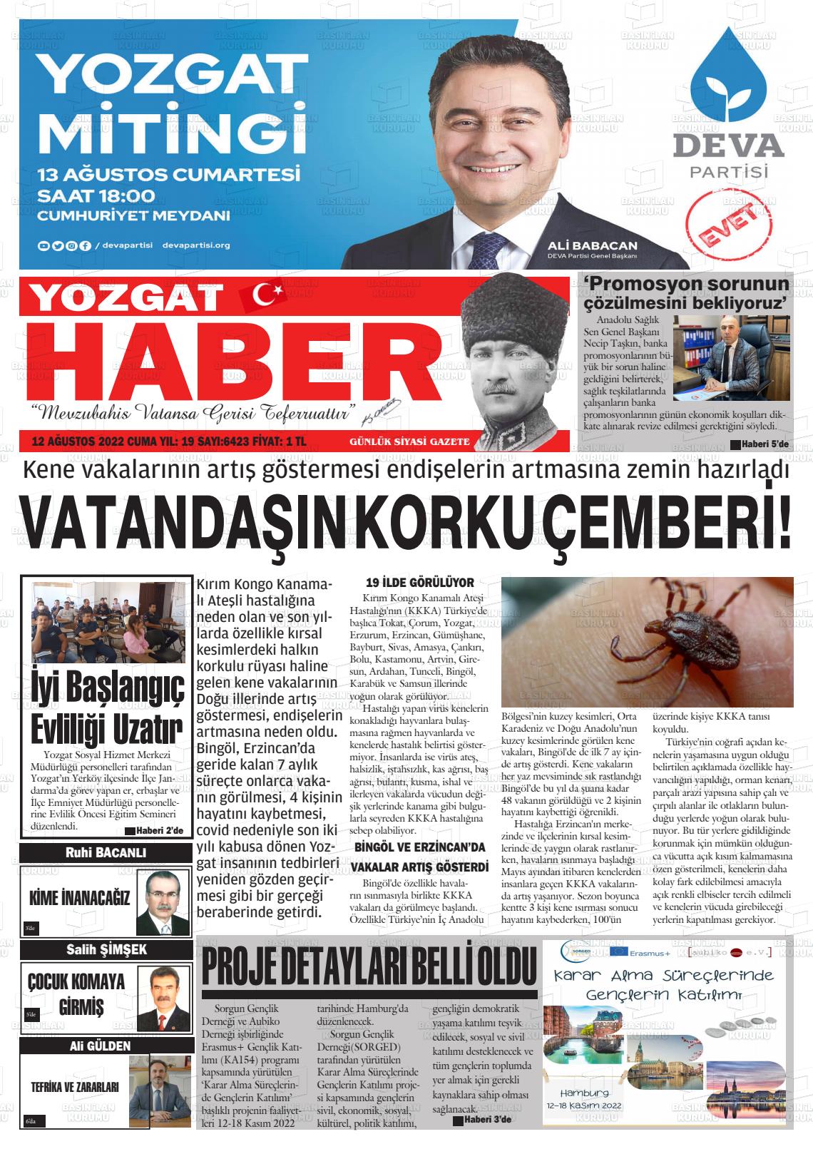 12 Ağustos 2022 Yozgat Haber Gazete Manşeti