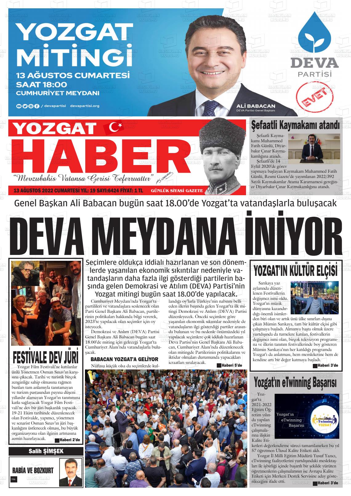 13 Ağustos 2022 Yozgat Haber Gazete Manşeti