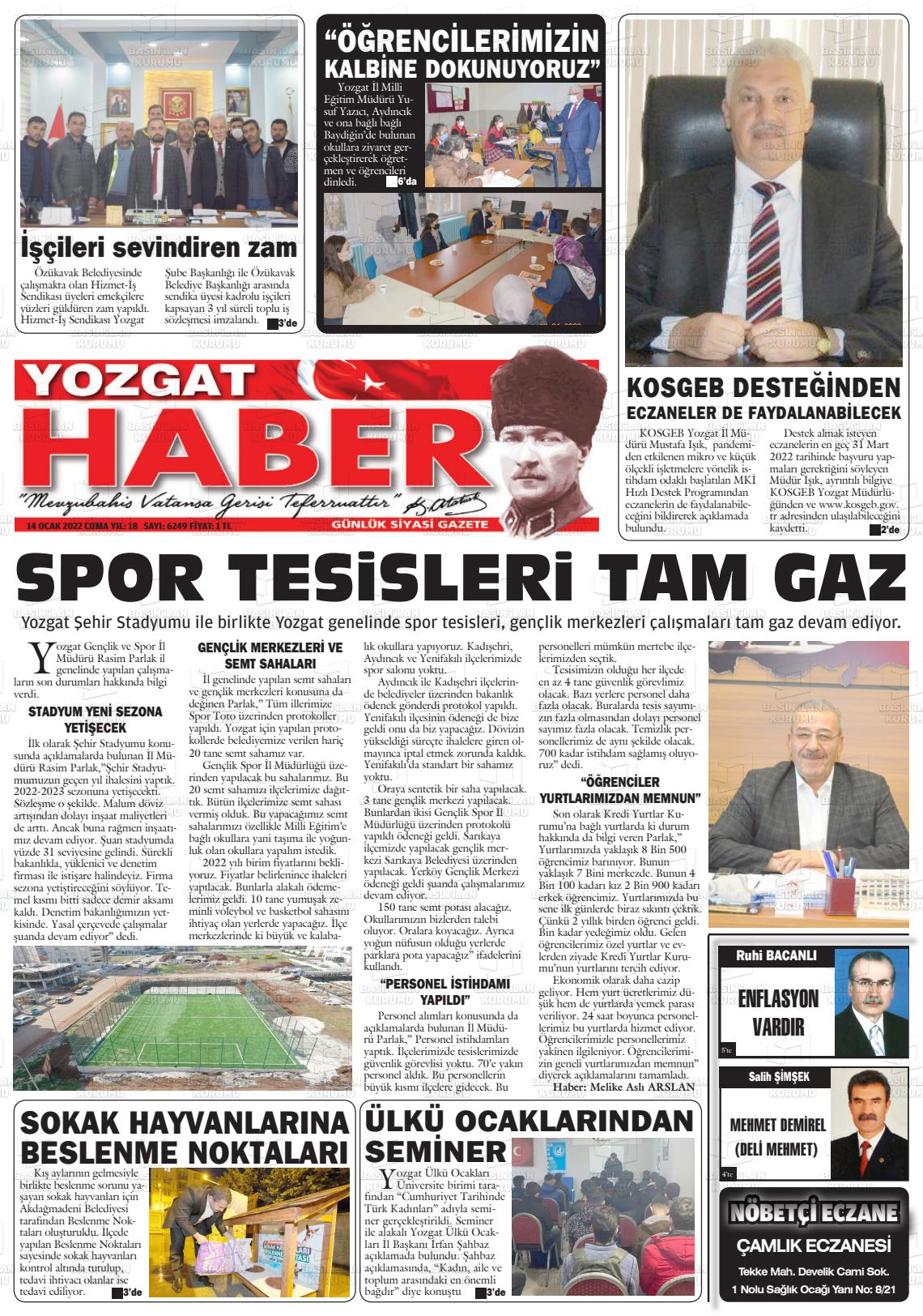 14 Ocak 2022 Yozgat Haber Gazete Manşeti