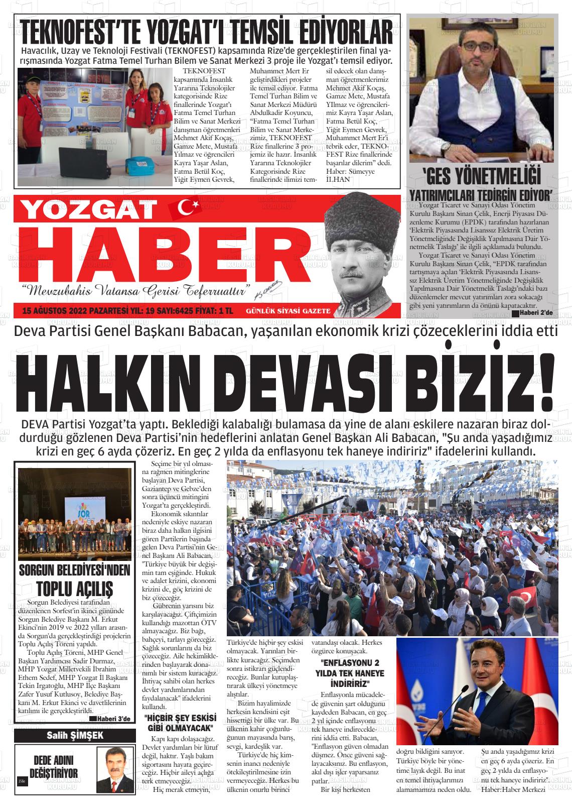 15 Ağustos 2022 Yozgat Haber Gazete Manşeti