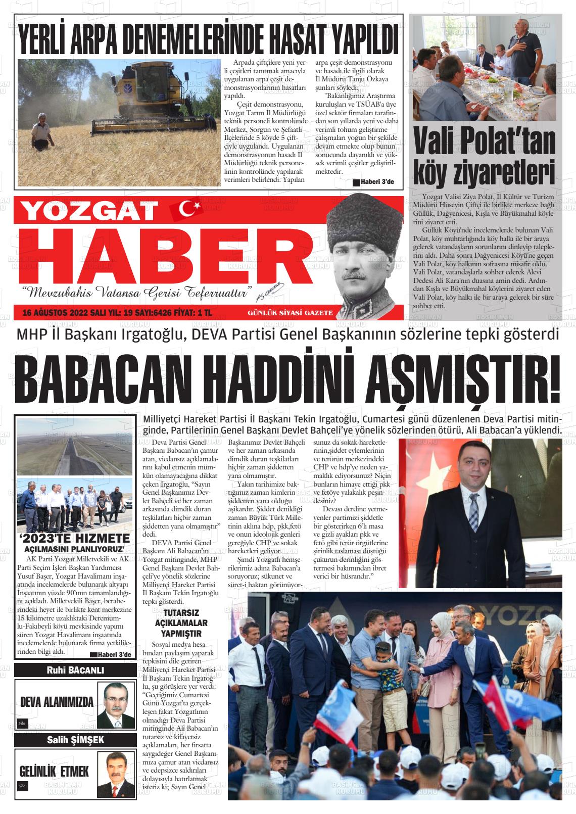 16 Ağustos 2022 Yozgat Haber Gazete Manşeti