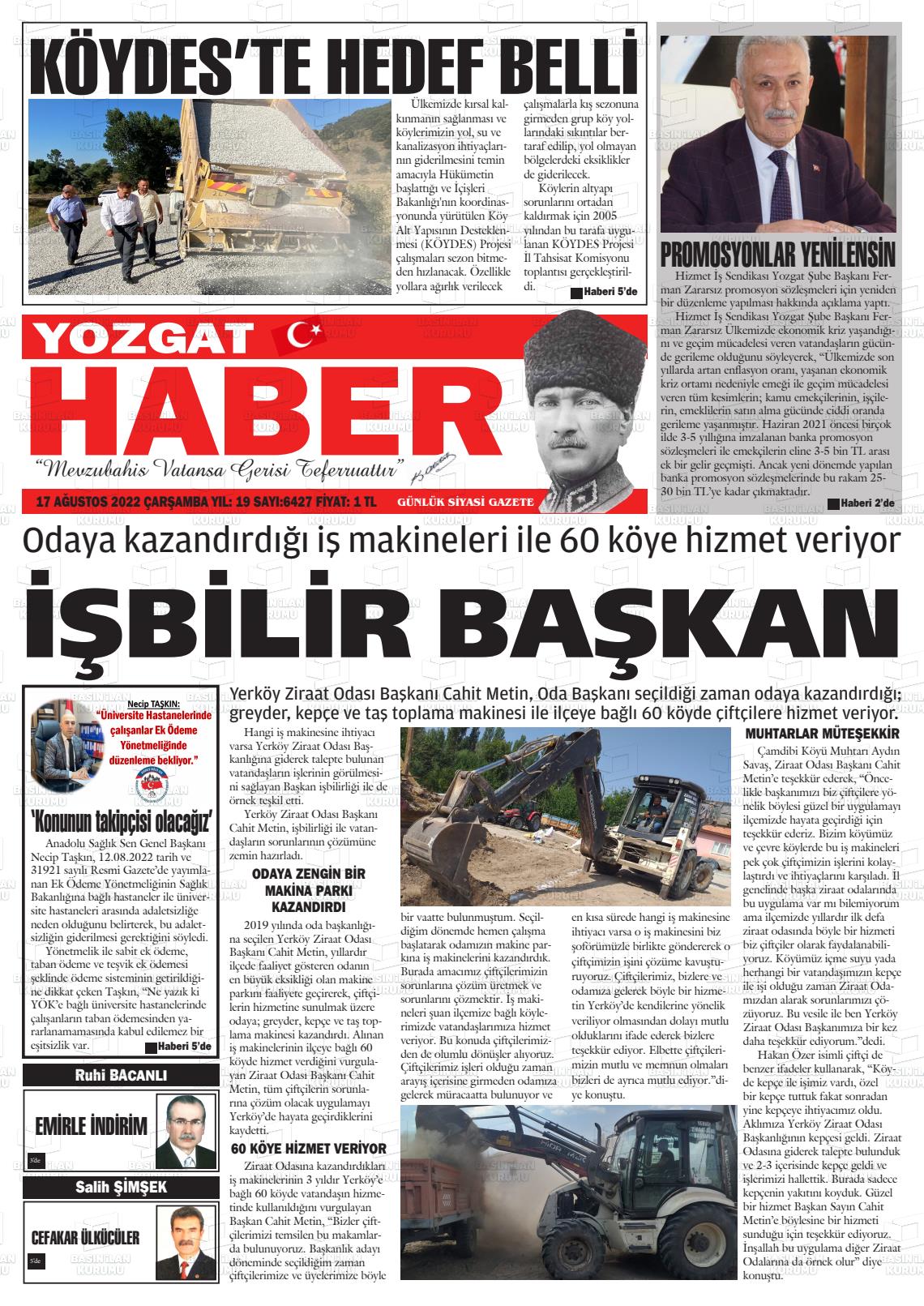 17 Ağustos 2022 Yozgat Haber Gazete Manşeti