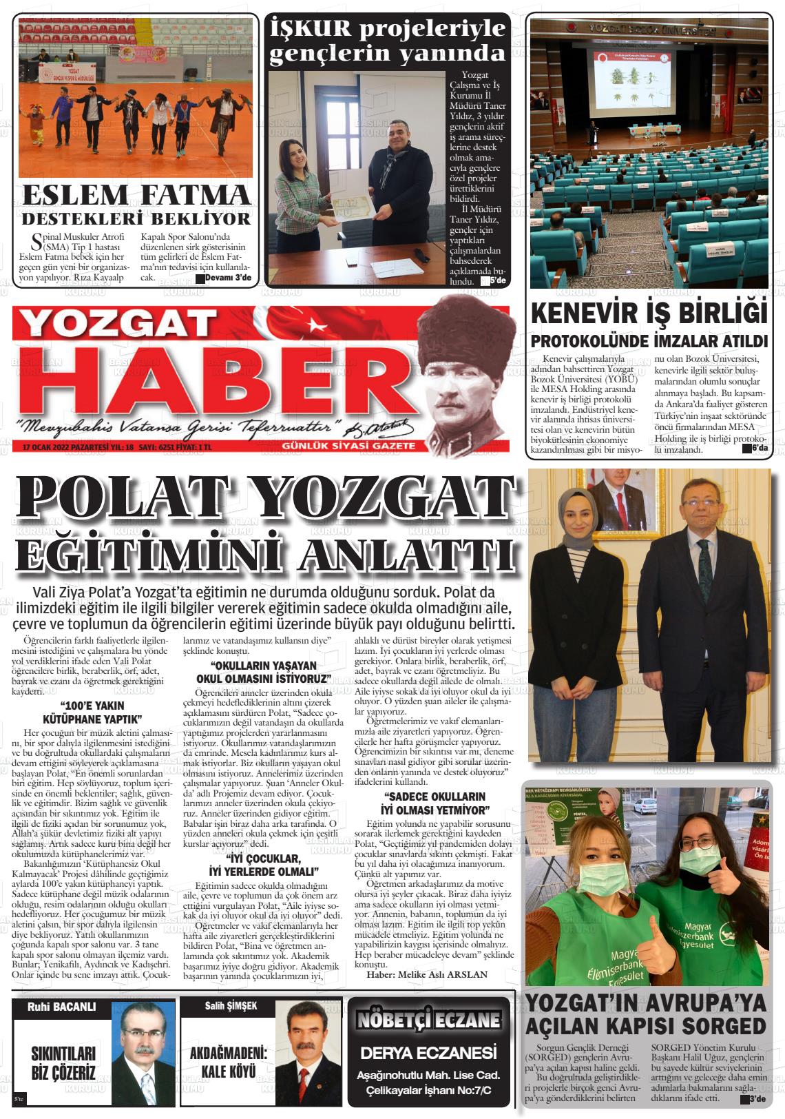 17 Ocak 2022 Yozgat Haber Gazete Manşeti