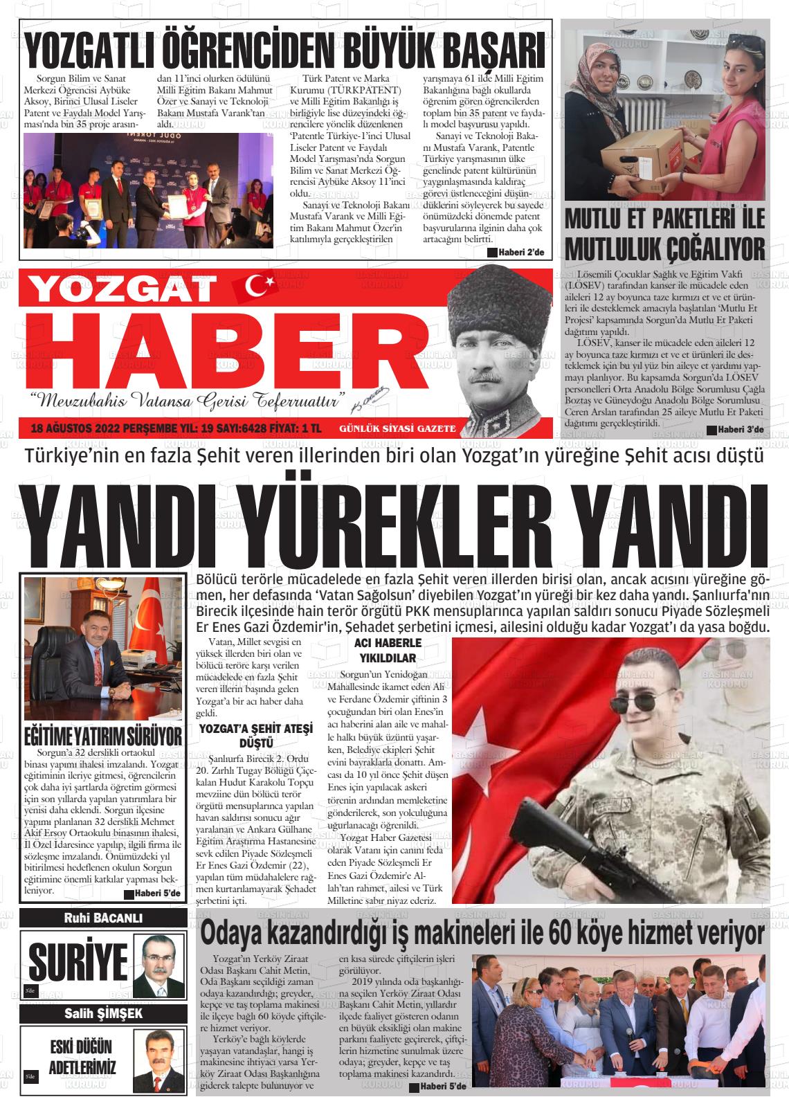 18 Ağustos 2022 Yozgat Haber Gazete Manşeti