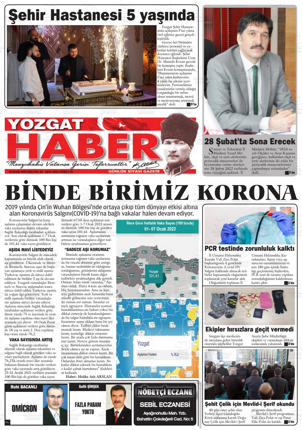 18 Ocak 2022 Yozgat Haber Gazete Manşeti