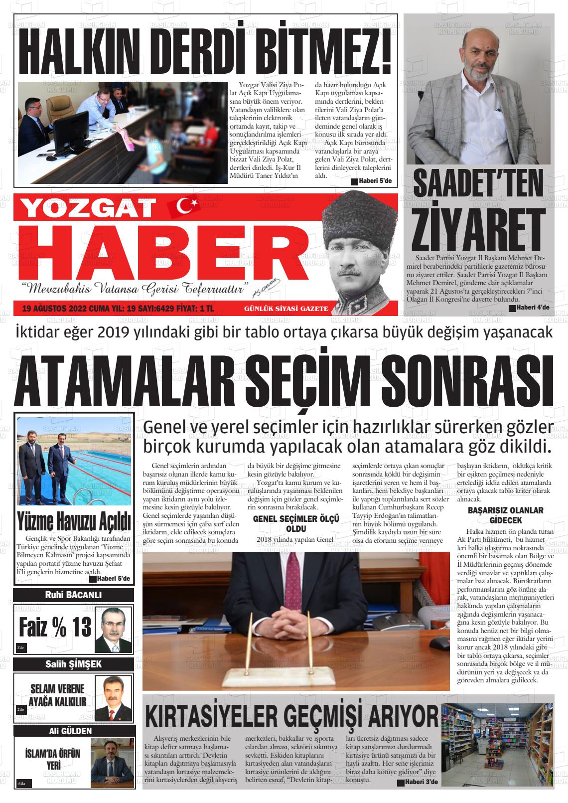 19 Ağustos 2022 Yozgat Haber Gazete Manşeti