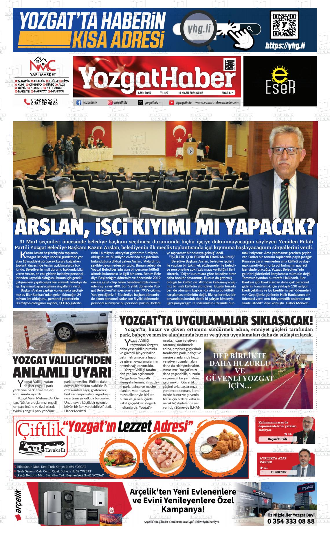 19 Nisan 2024 Yozgat Haber Gazete Manşeti
