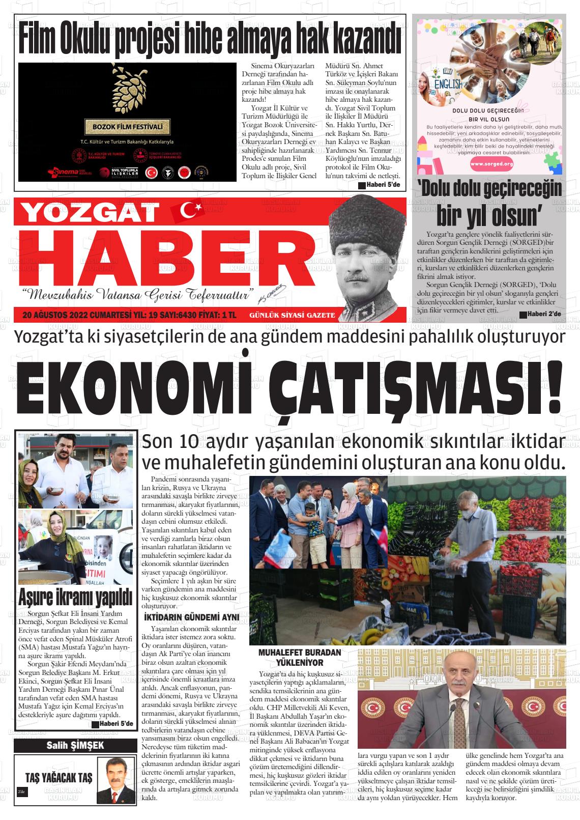 20 Ağustos 2022 Yozgat Haber Gazete Manşeti