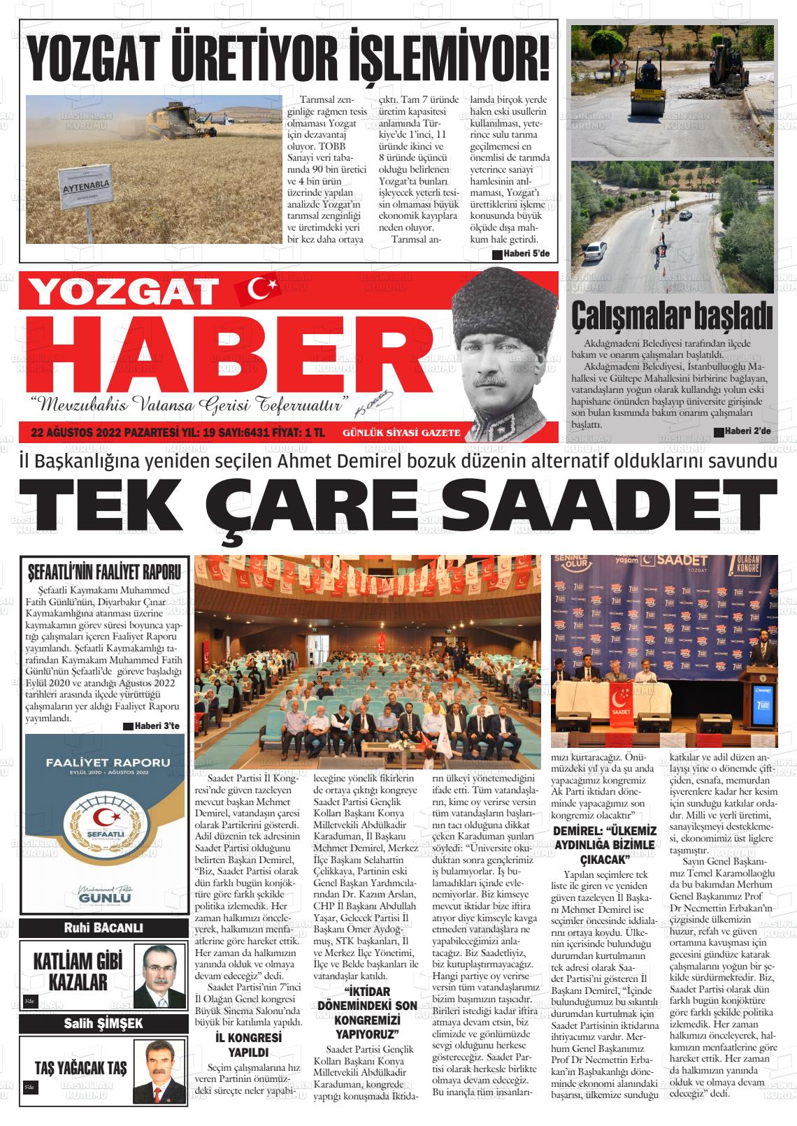22 Ağustos 2022 Yozgat Haber Gazete Manşeti