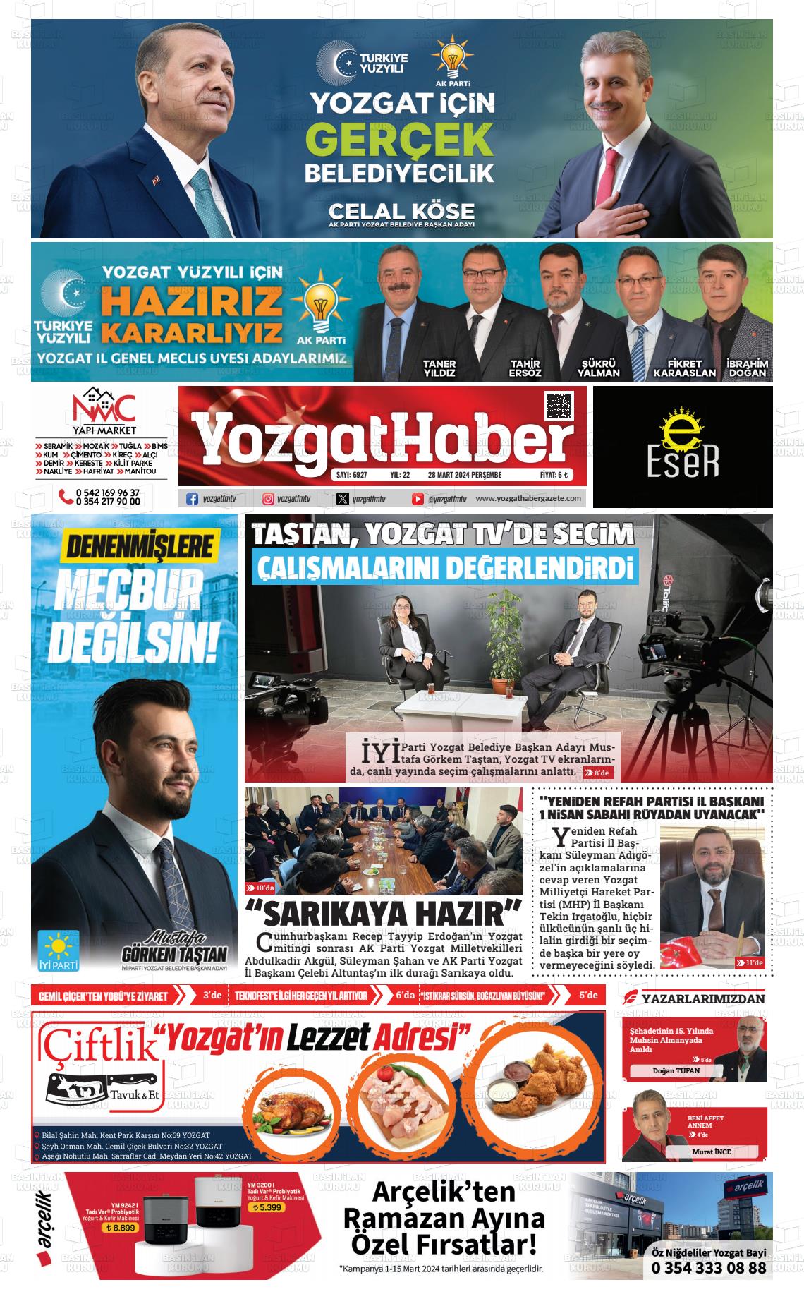28 Mart 2024 Yozgat Haber Gazete Manşeti