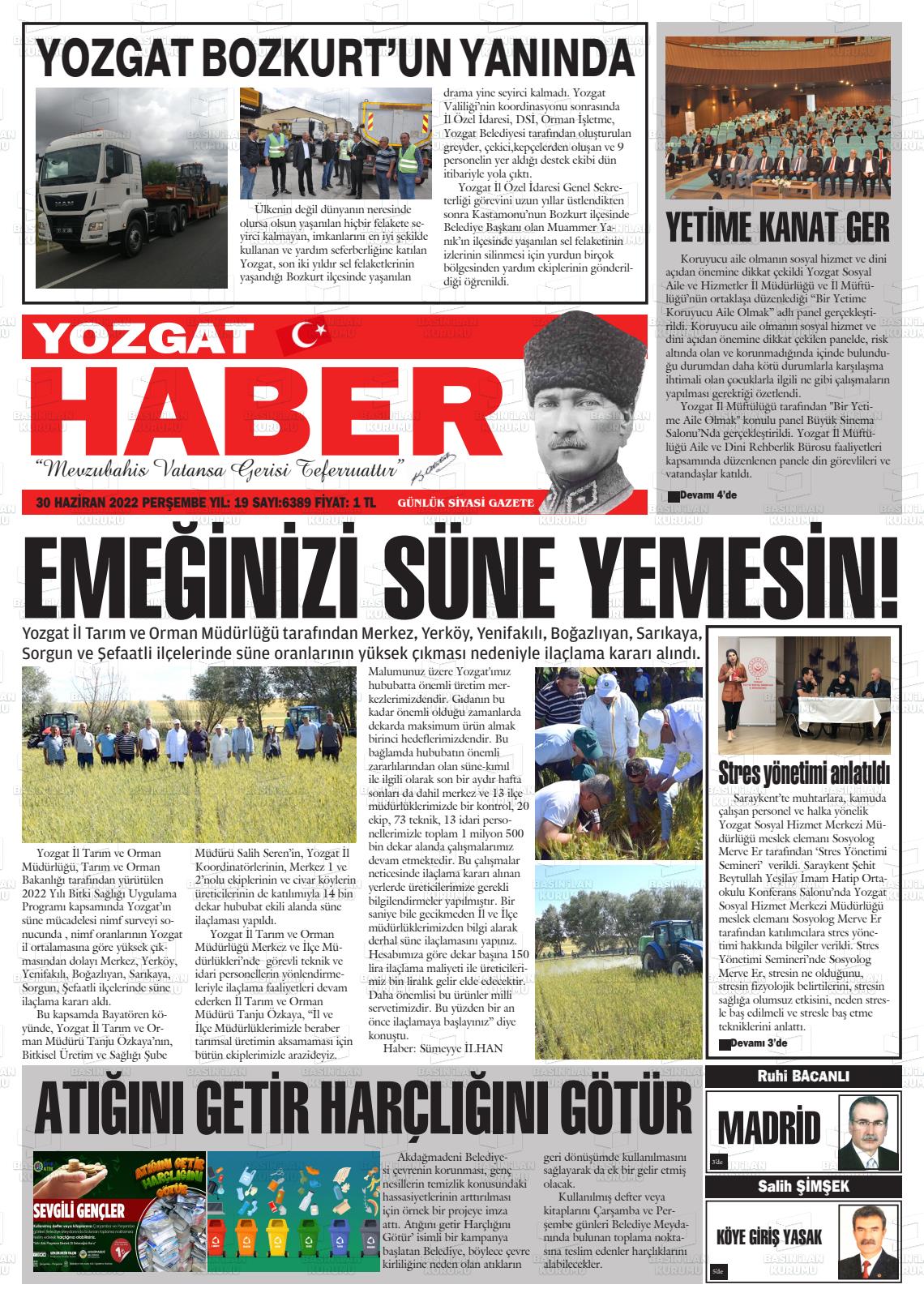 01 Temmuz 2022 Yozgat Haber Gazete Manşeti