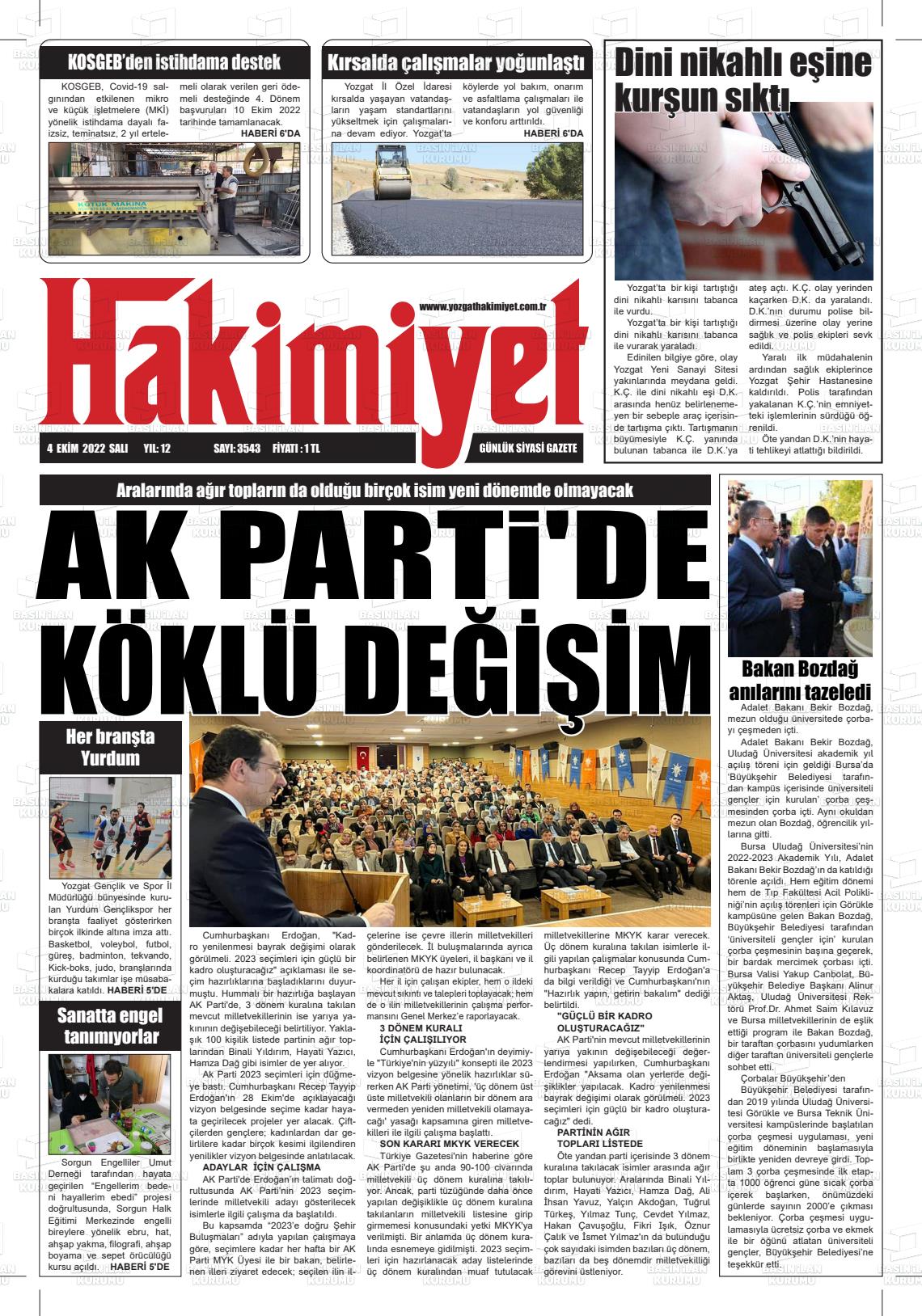 04 Ekim 2022 Yozgat Hakimiyet Gazete Manşeti