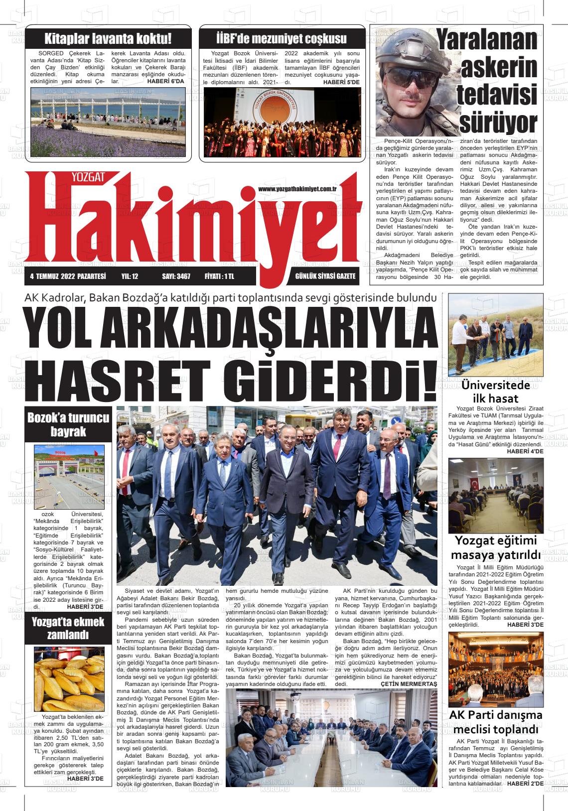 04 Temmuz 2022 Yozgat Hakimiyet Gazete Manşeti