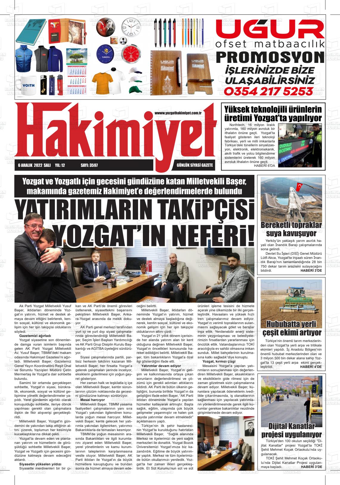 06 Aralık 2022 Yozgat Hakimiyet Gazete Manşeti