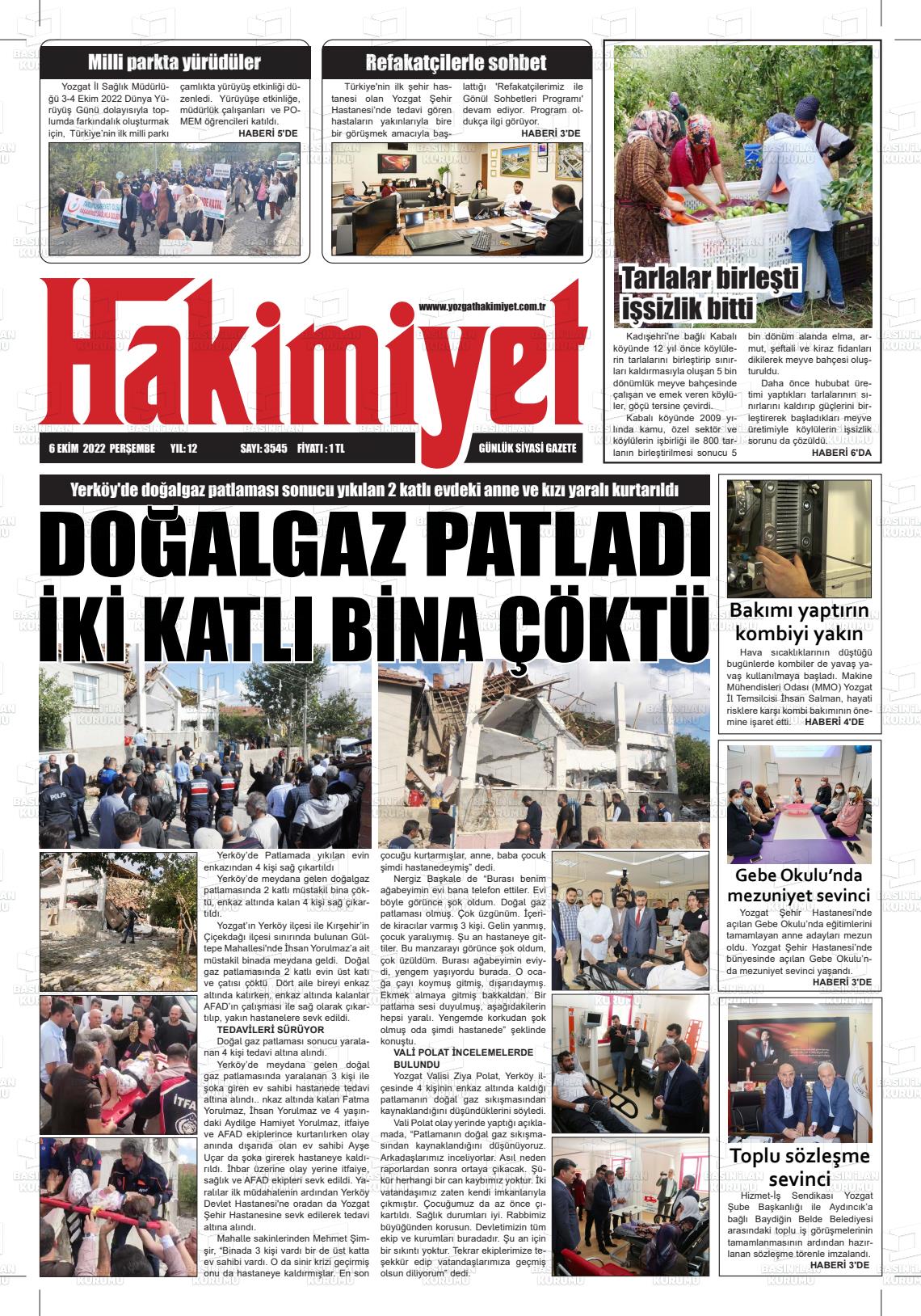 06 Ekim 2022 Yozgat Hakimiyet Gazete Manşeti