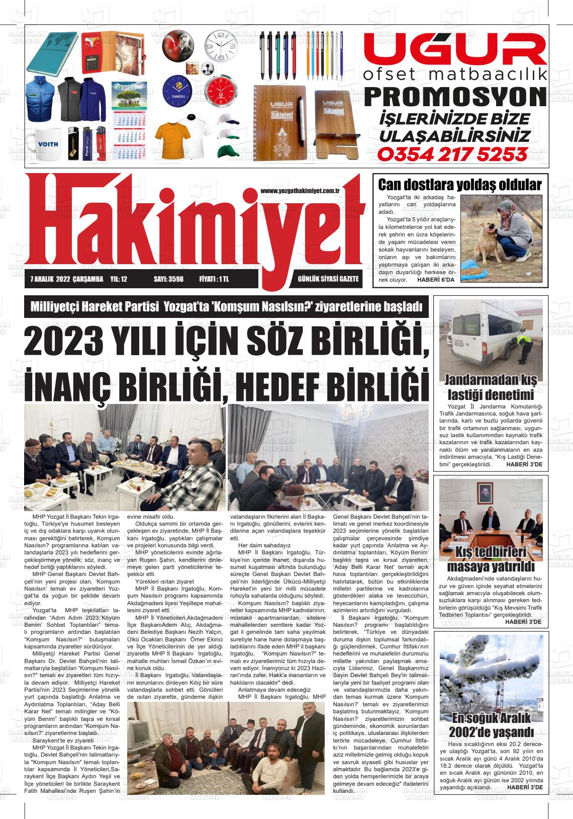 07 Aralık 2022 Yozgat Hakimiyet Gazete Manşeti