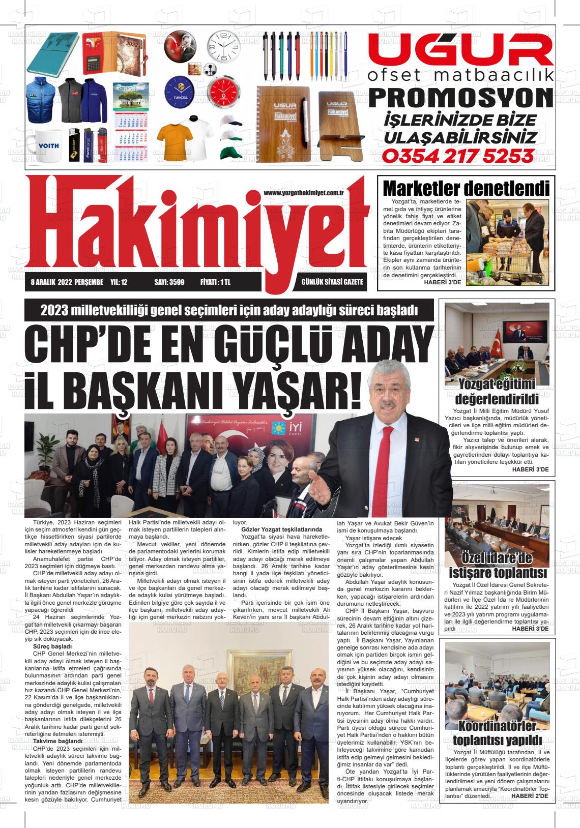 08 Aralık 2022 Yozgat Hakimiyet Gazete Manşeti