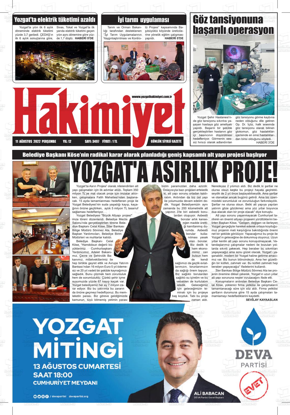 11 Ağustos 2022 Yozgat Hakimiyet Gazete Manşeti
