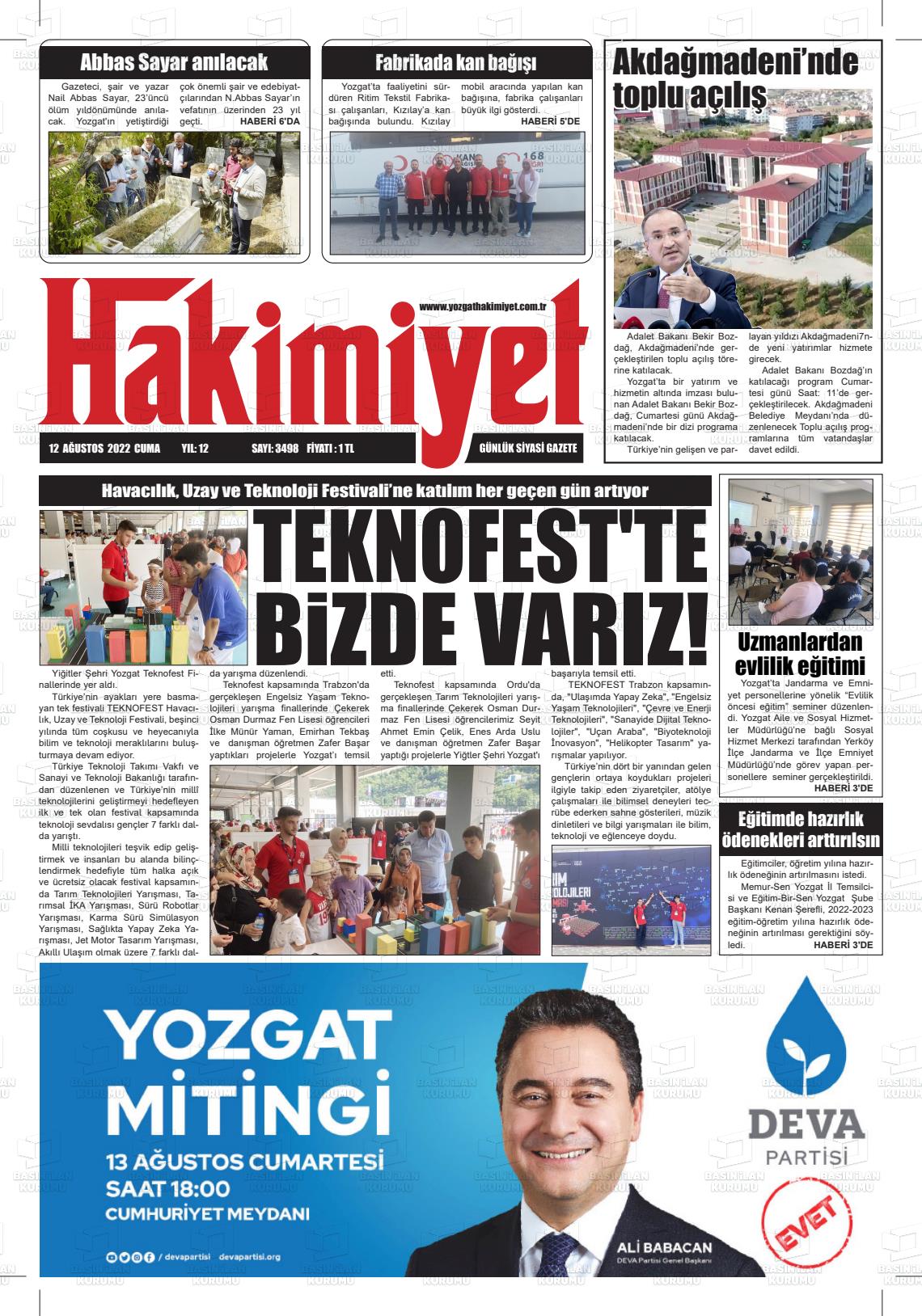 12 Ağustos 2022 Yozgat Hakimiyet Gazete Manşeti