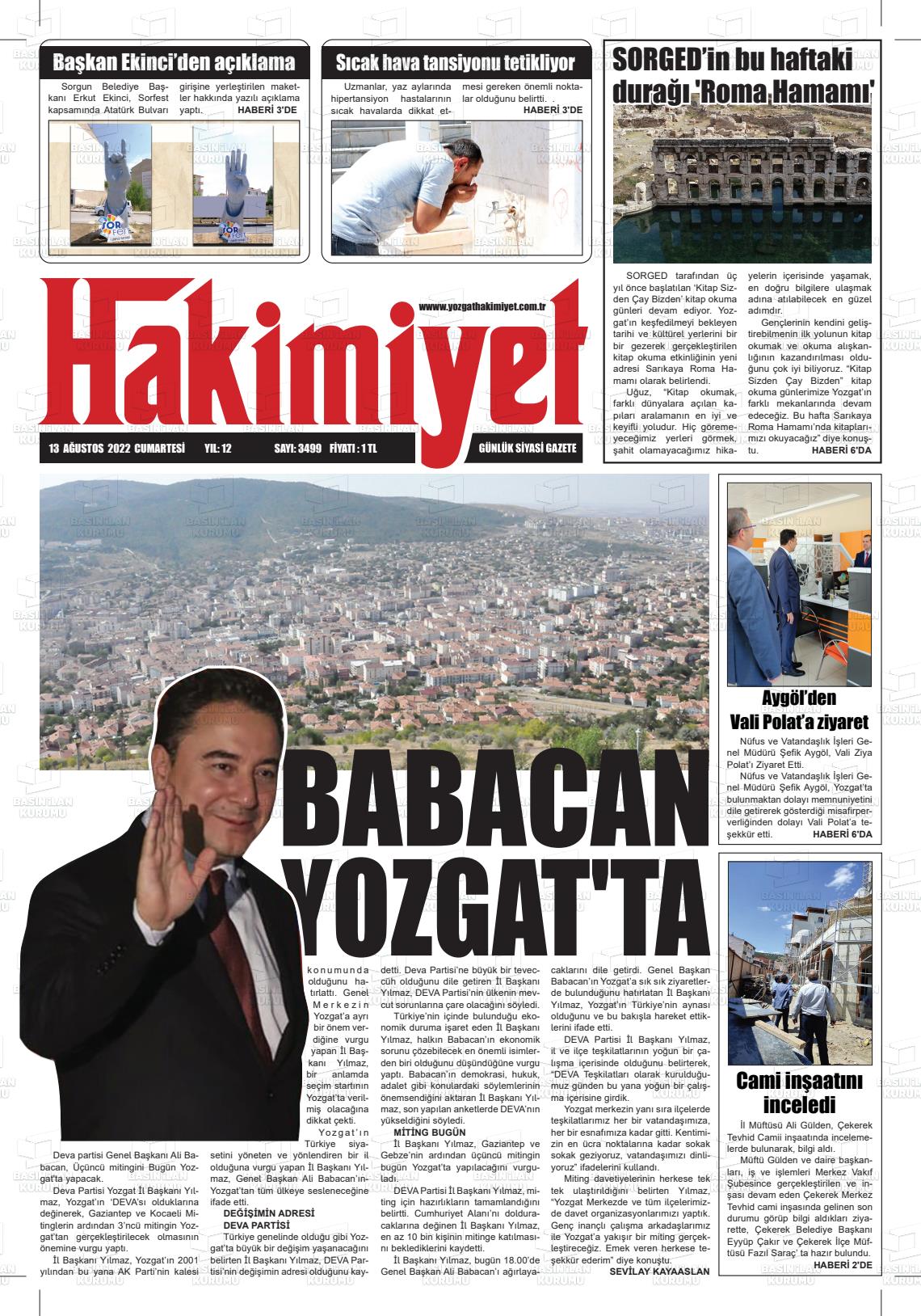Yozgat Hakimiyet Gazete Manşeti