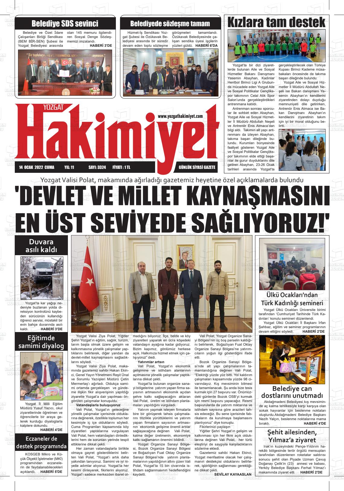 14 Ocak 2022 Yozgat Hakimiyet Gazete Manşeti