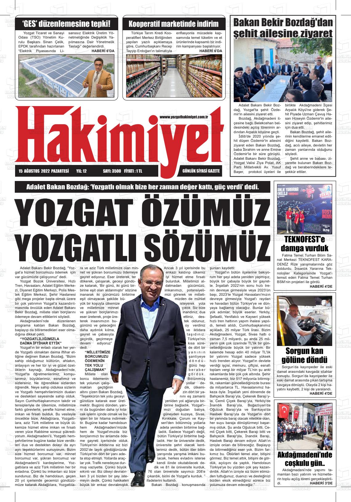 15 Ağustos 2022 Yozgat Hakimiyet Gazete Manşeti