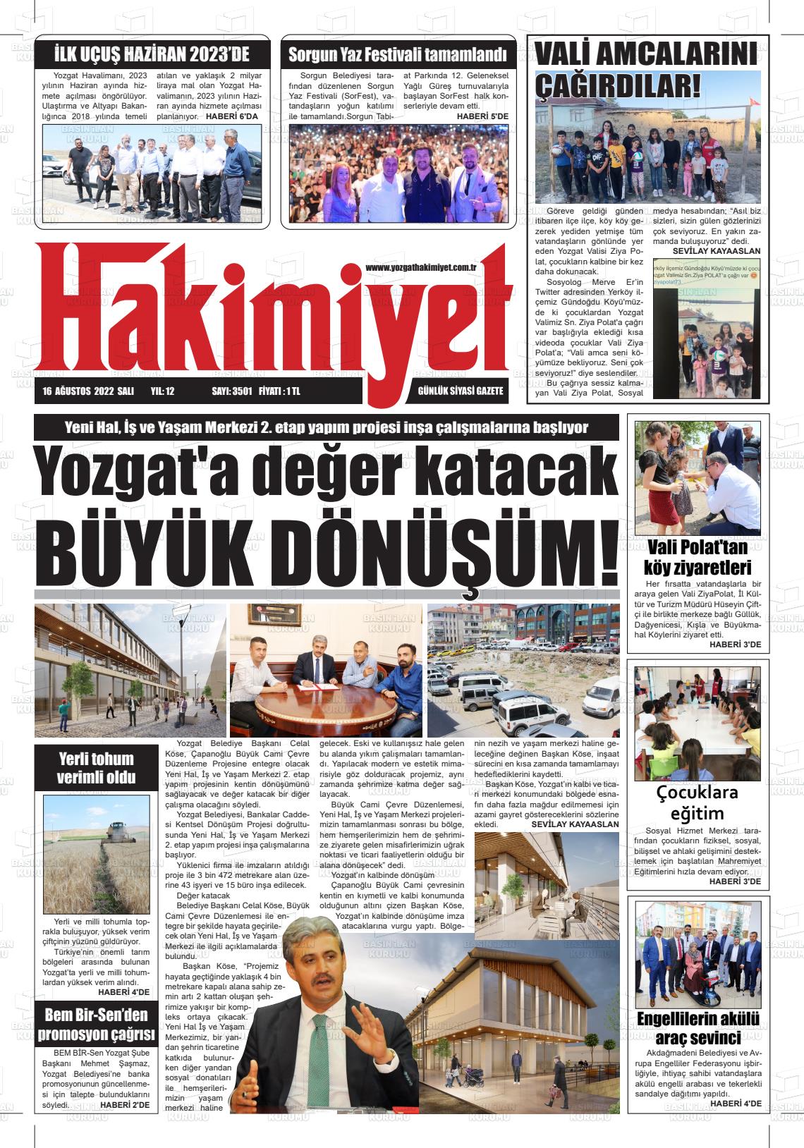 16 Ağustos 2022 Yozgat Hakimiyet Gazete Manşeti