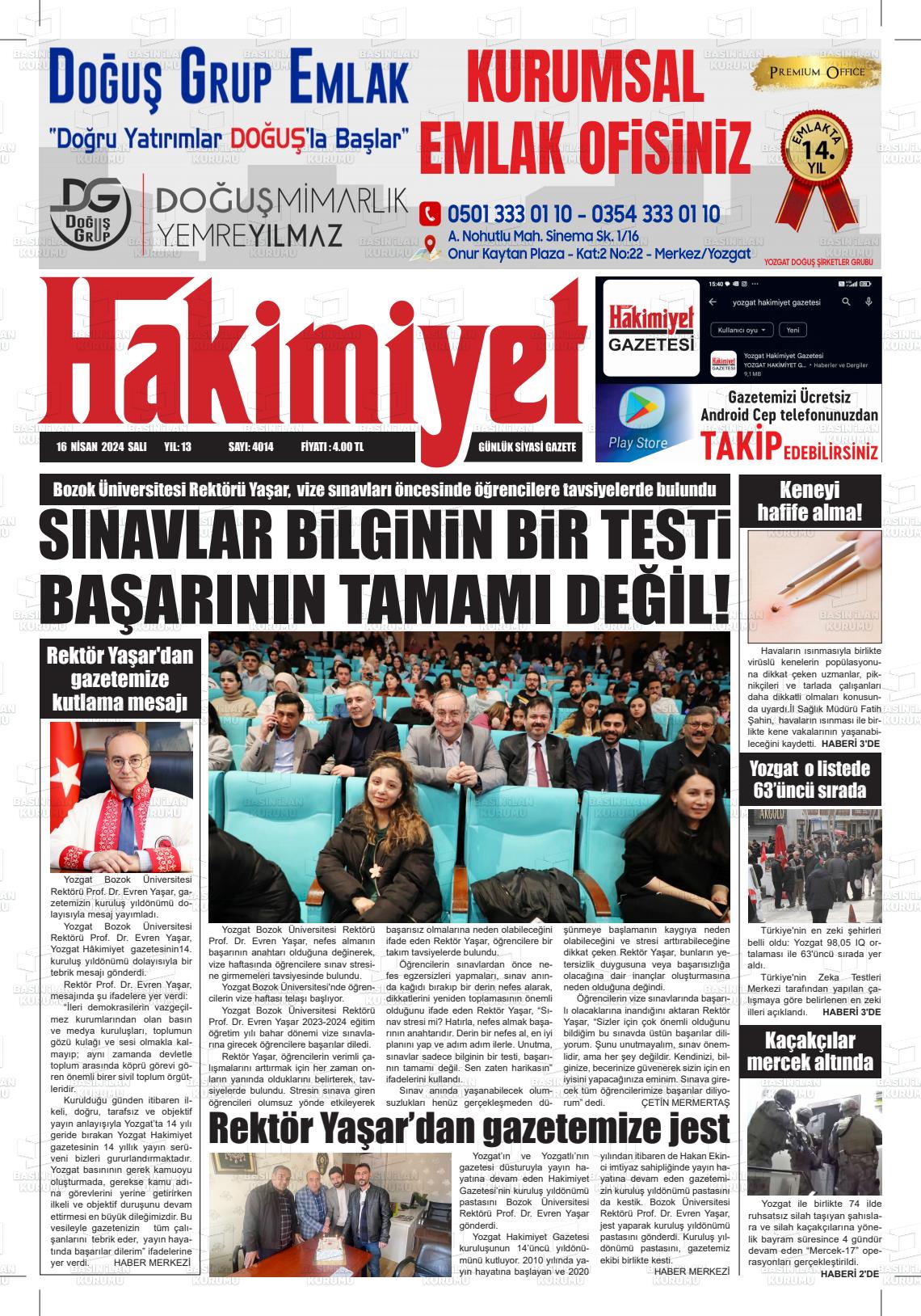 18 Nisan 2024 Yozgat Hakimiyet Gazete Manşeti