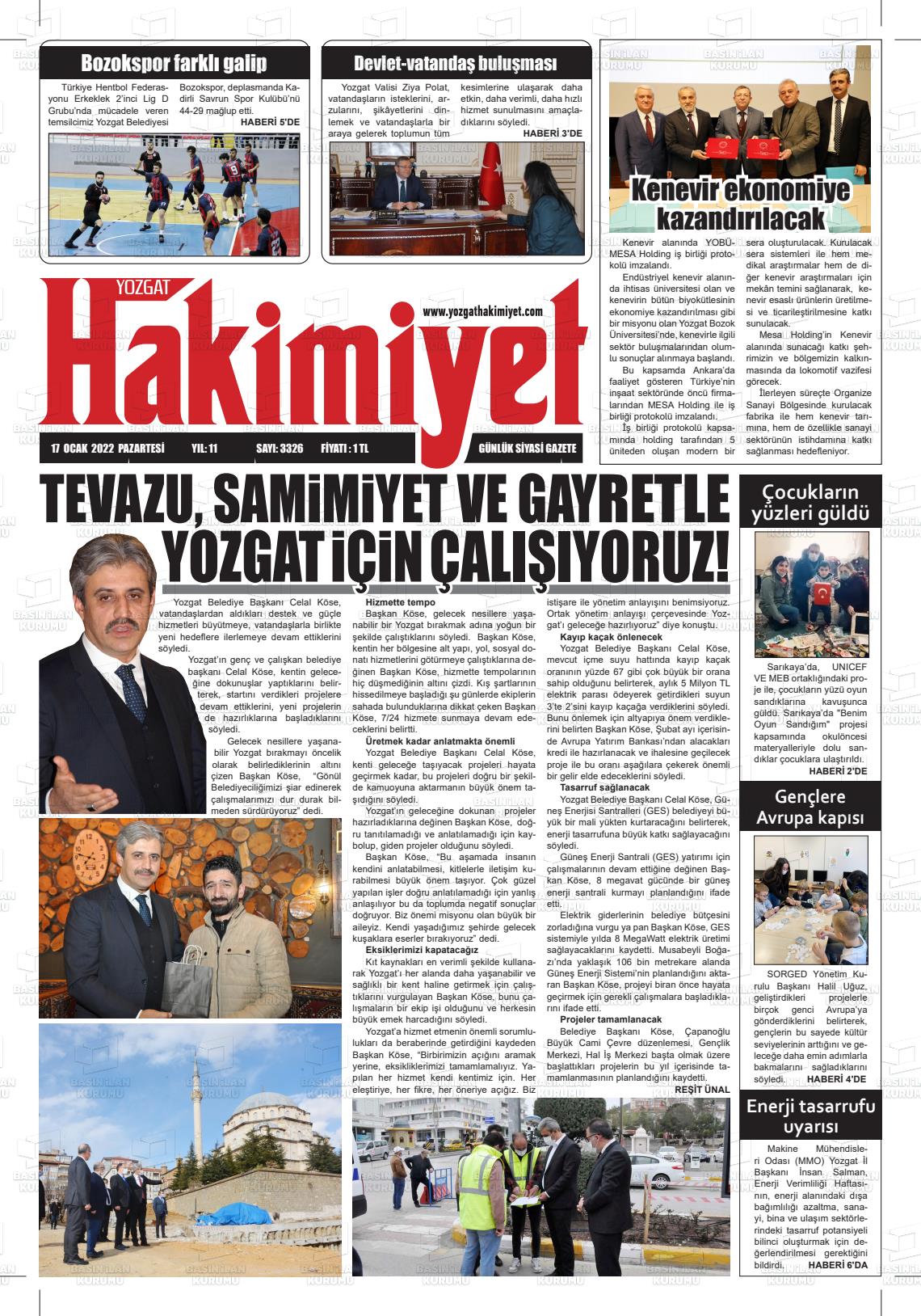 17 Ocak 2022 Yozgat Hakimiyet Gazete Manşeti