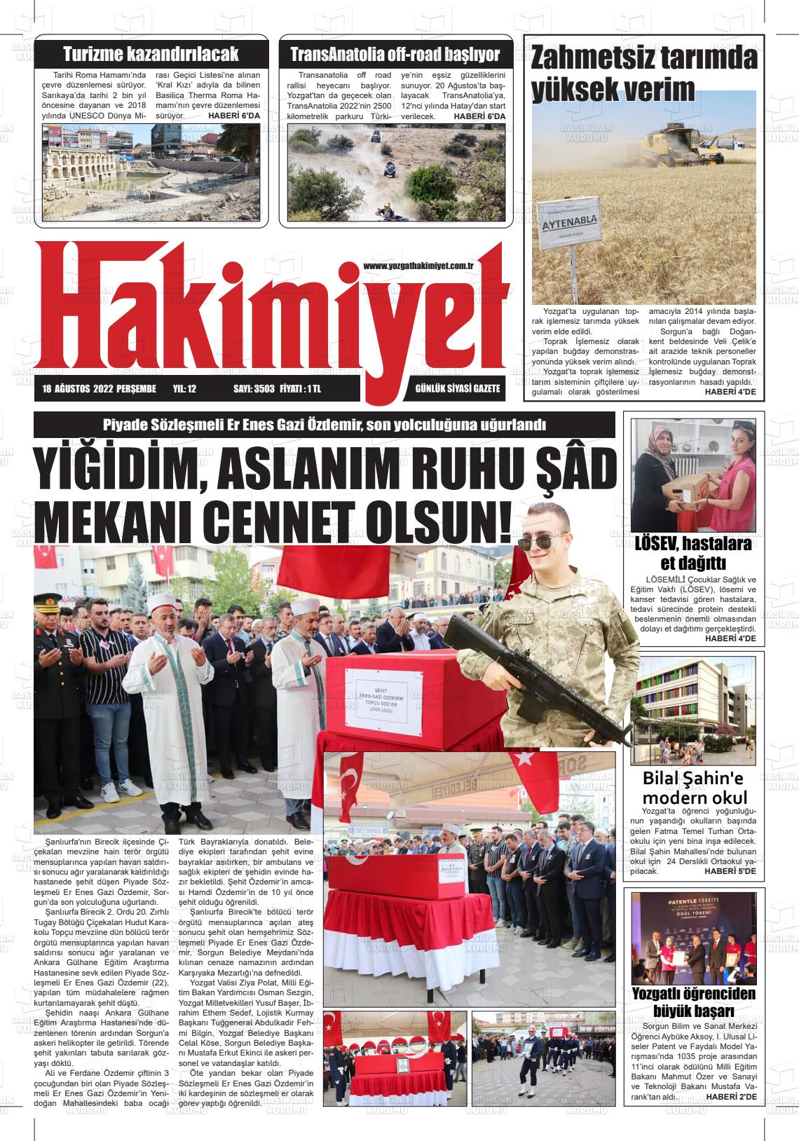 18 Ağustos 2022 Yozgat Hakimiyet Gazete Manşeti