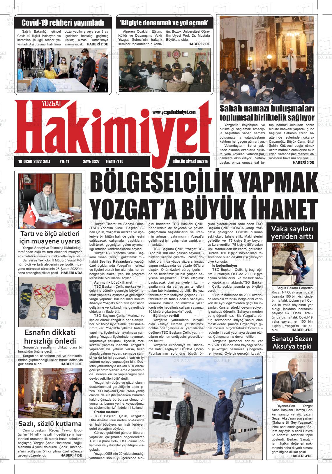 18 Ocak 2022 Yozgat Hakimiyet Gazete Manşeti