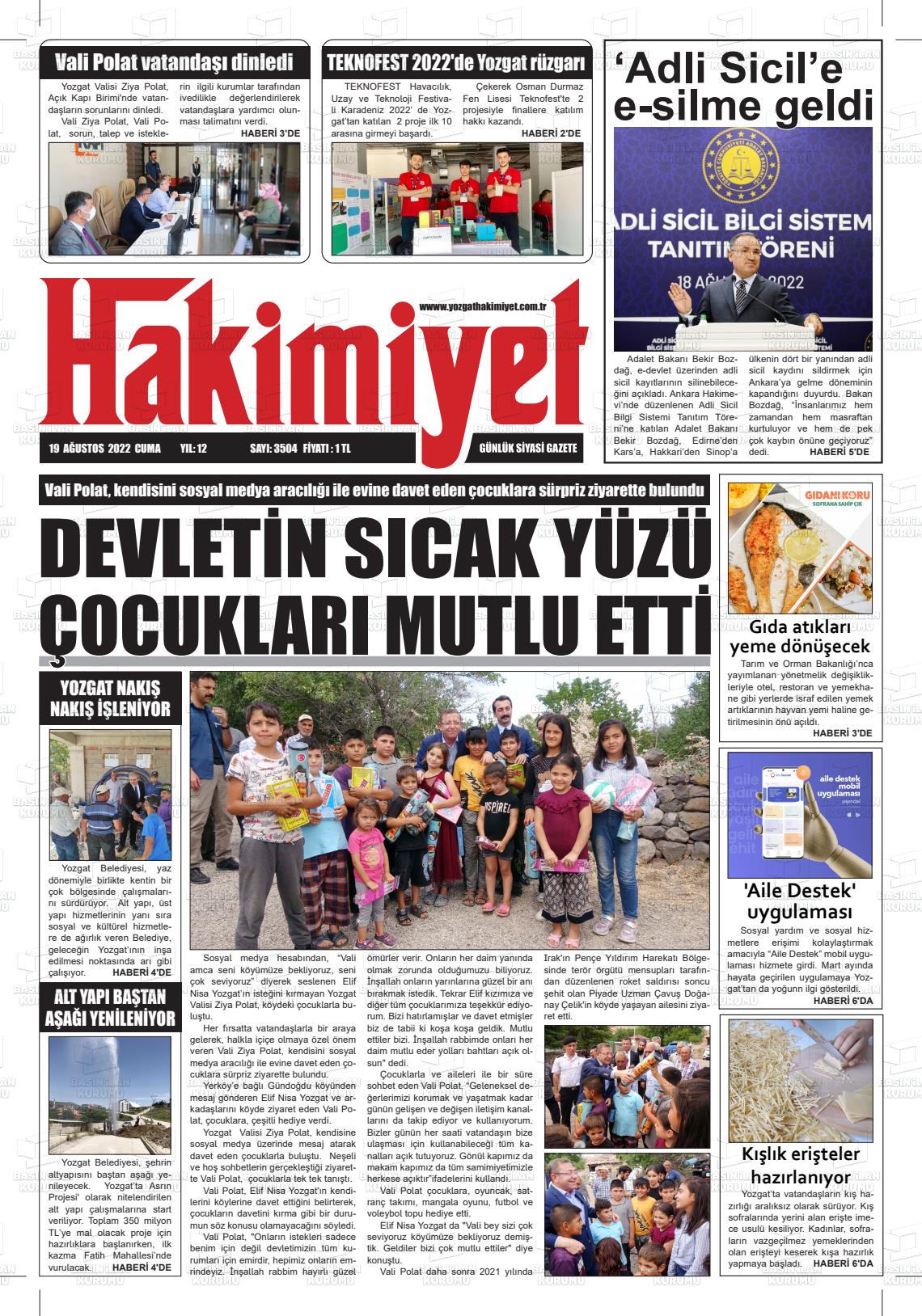 19 Ağustos 2022 Yozgat Hakimiyet Gazete Manşeti
