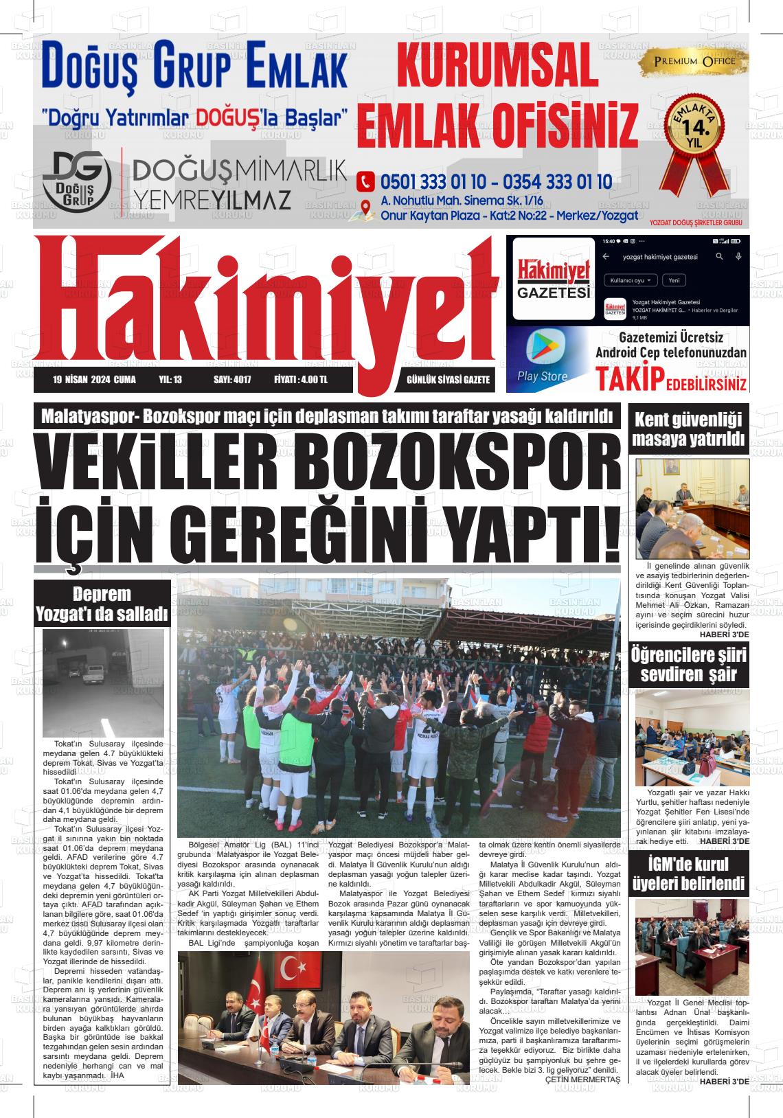 20 Nisan 2024 Yozgat Hakimiyet Gazete Manşeti