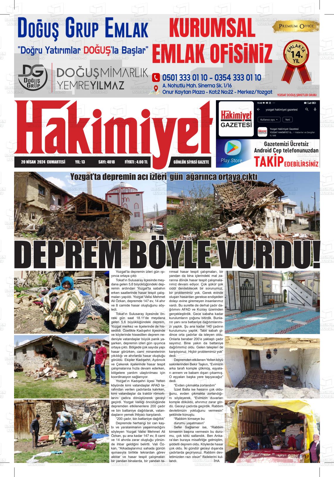 20 Nisan 2024 Yozgat Hakimiyet Gazete Manşeti