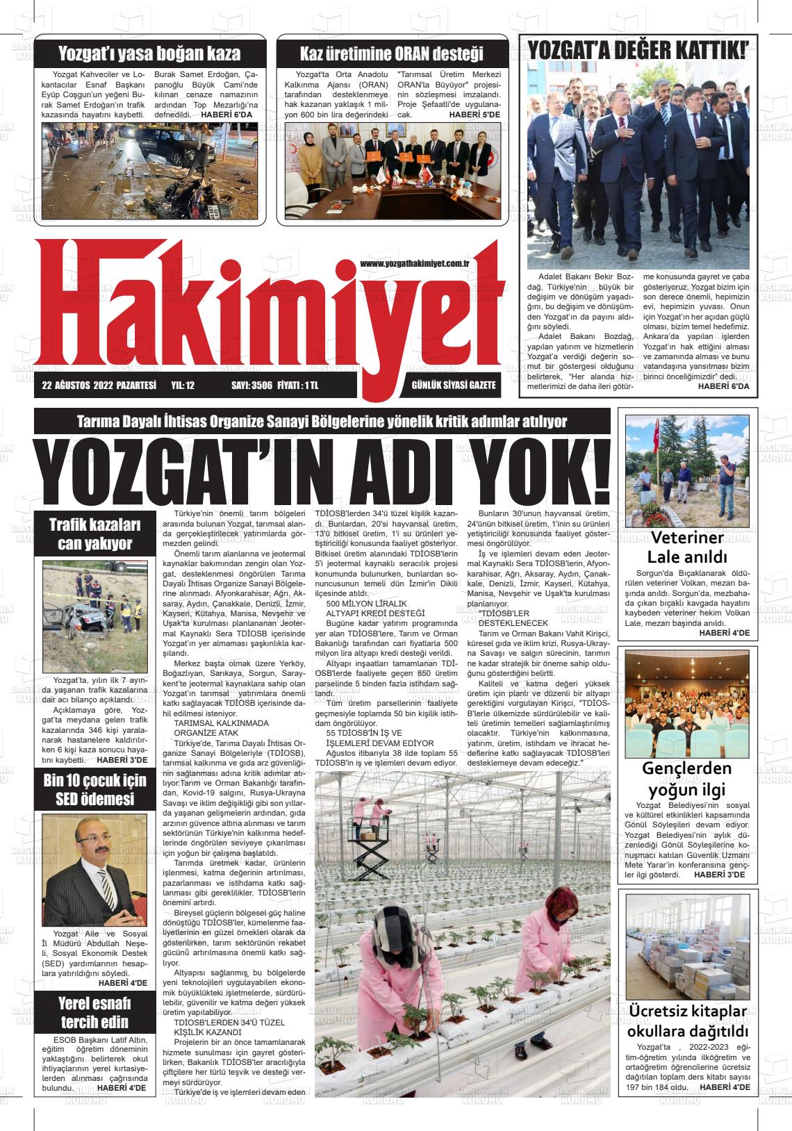 22 Ağustos 2022 Yozgat Hakimiyet Gazete Manşeti