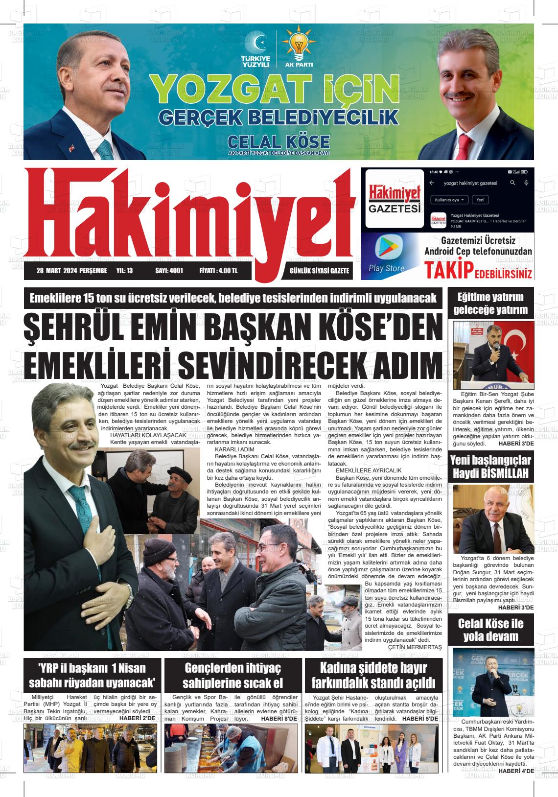 28 Mart 2024 Yozgat Hakimiyet Gazete Manşeti