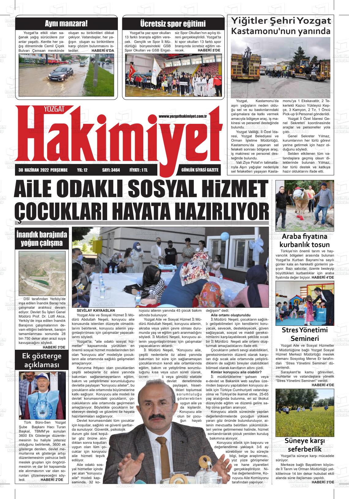 01 Temmuz 2022 Yozgat Hakimiyet Gazete Manşeti