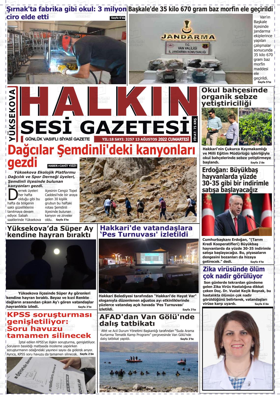13 Ağustos 2022 Yüksekova Halkın Sesi Gazete Manşeti