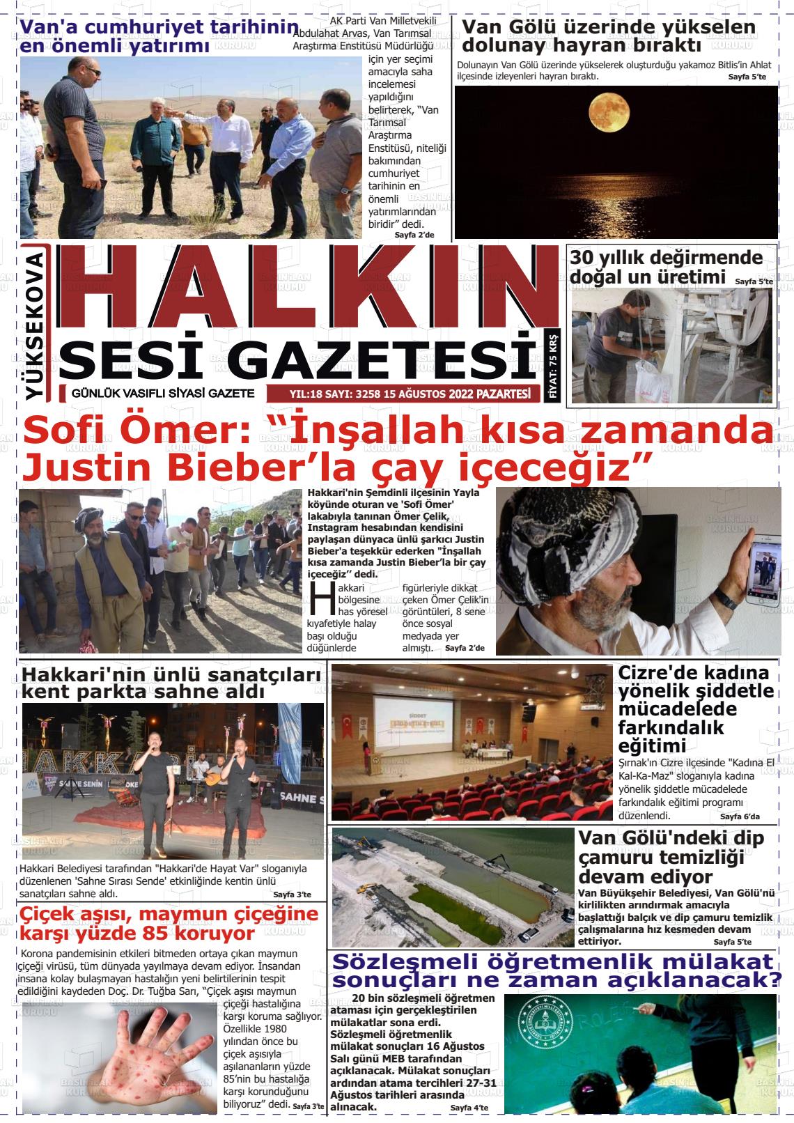 15 Ağustos 2022 Yüksekova Halkın Sesi Gazete Manşeti