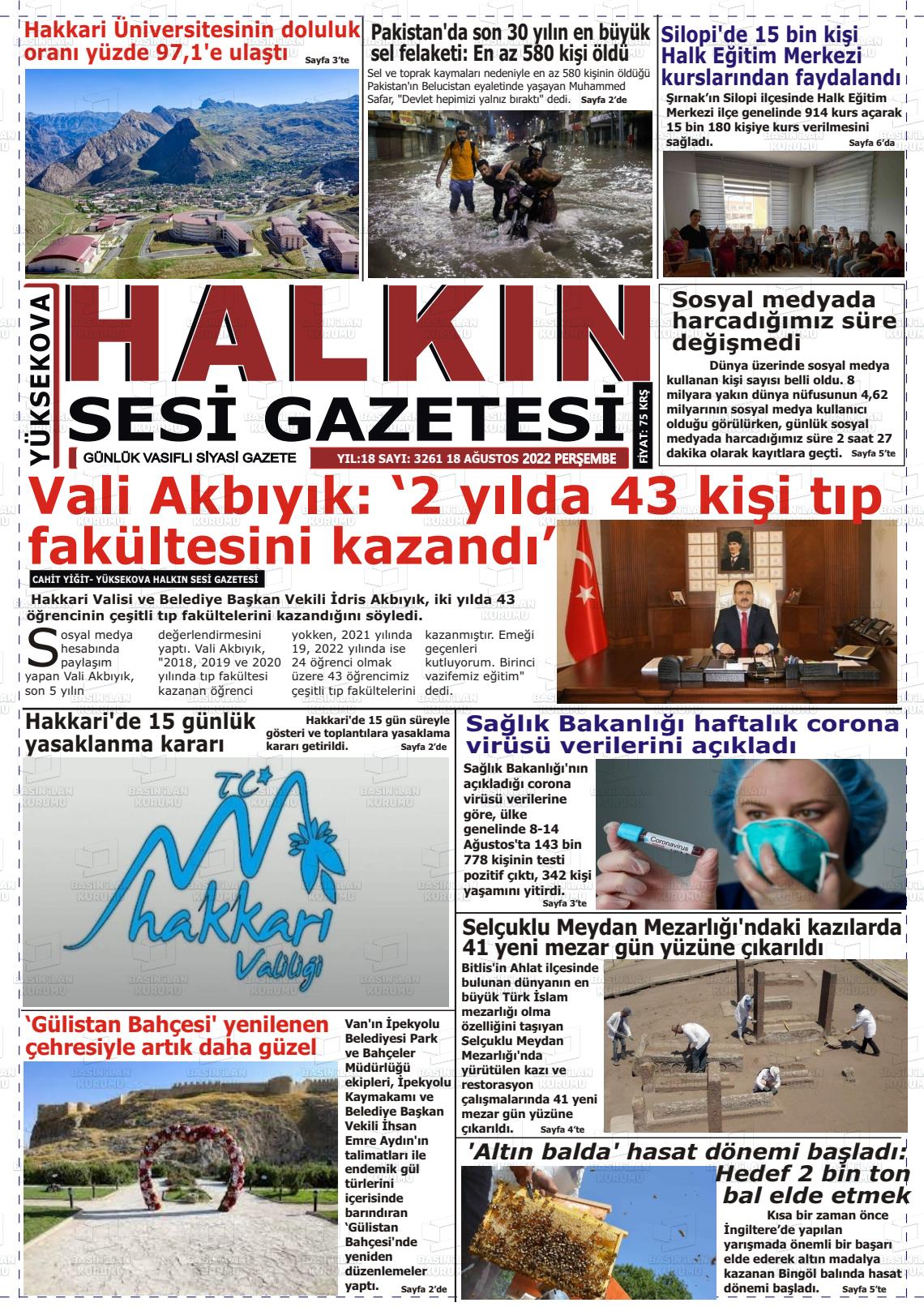 18 Ağustos 2022 Yüksekova Halkın Sesi Gazete Manşeti
