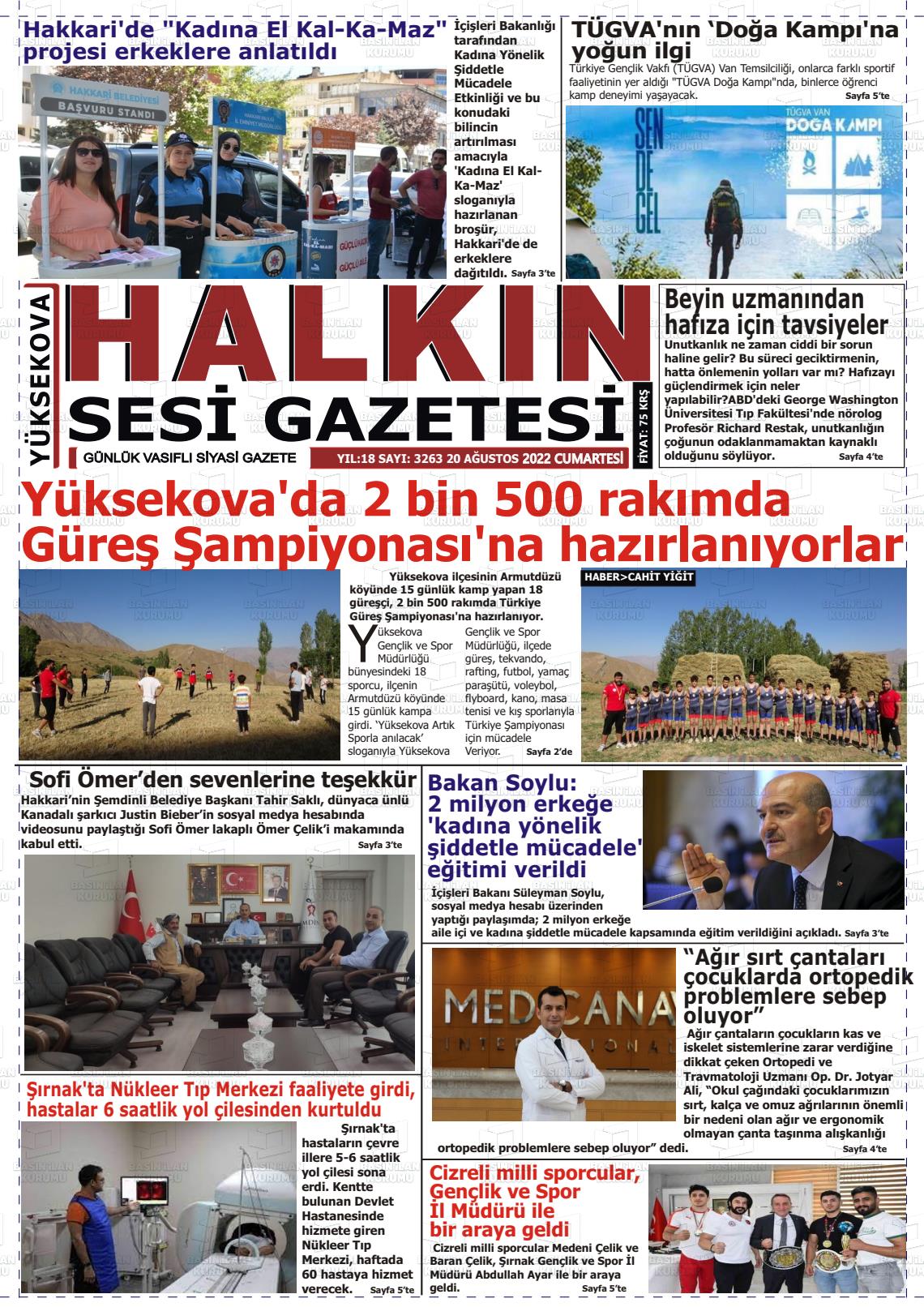 20 Ağustos 2022 Yüksekova Halkın Sesi Gazete Manşeti