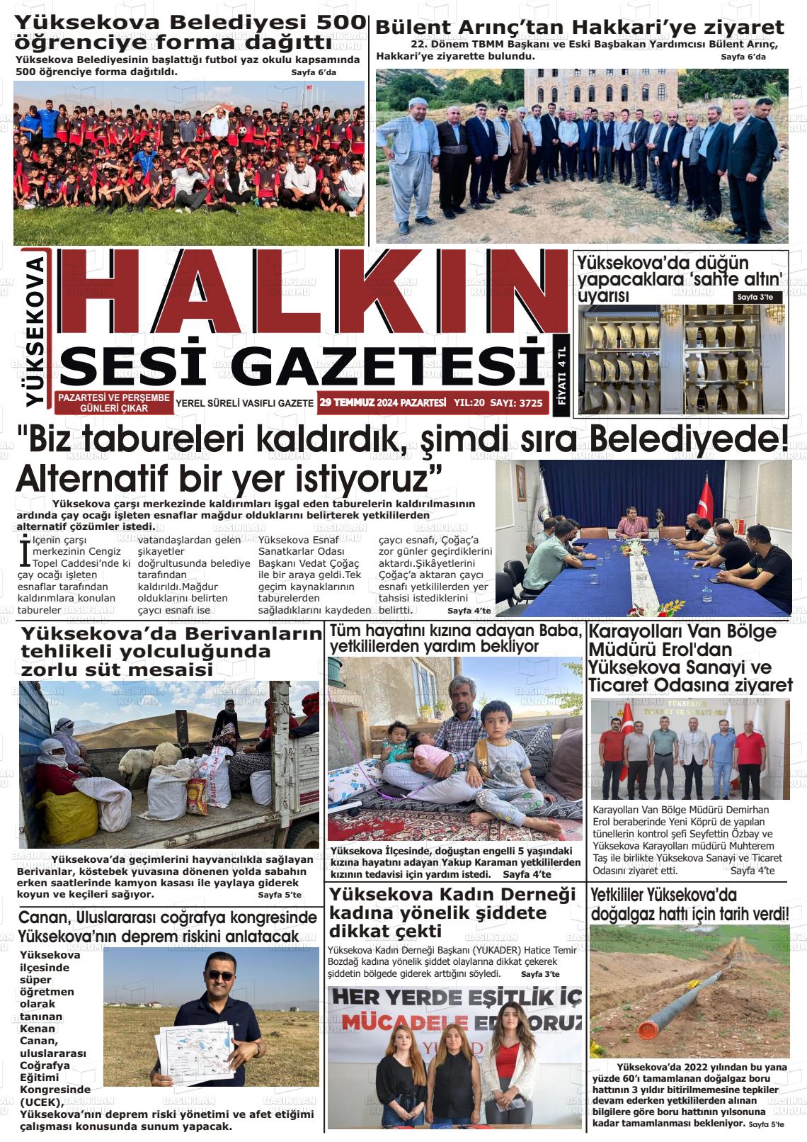 29 Temmuz 2024 Yüksekova Halkın Sesi Gazete Manşeti