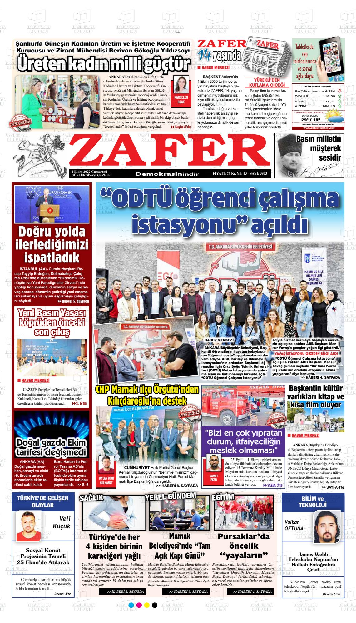 01 Ekim 2022 Zafer Gazete Manşeti