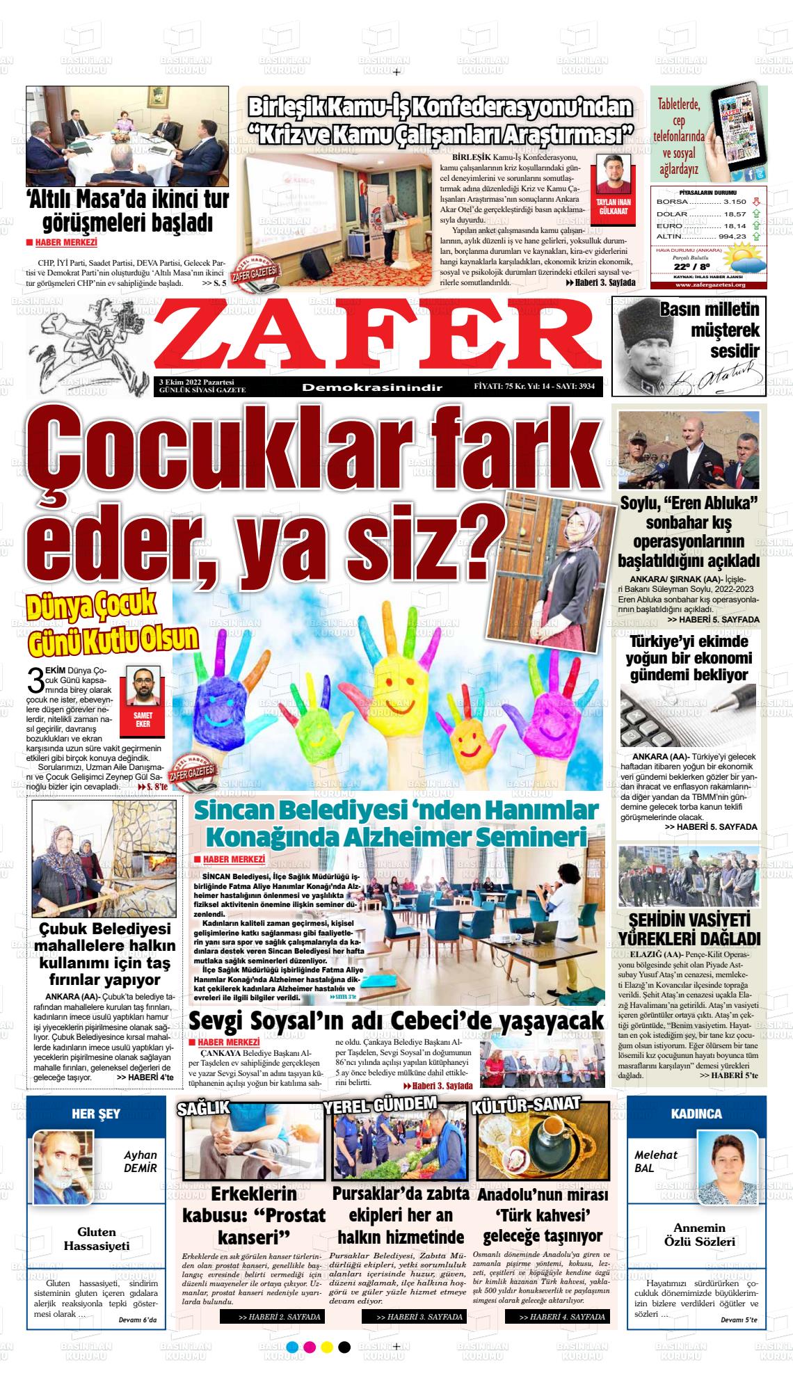 03 Ekim 2022 Zafer Gazete Manşeti