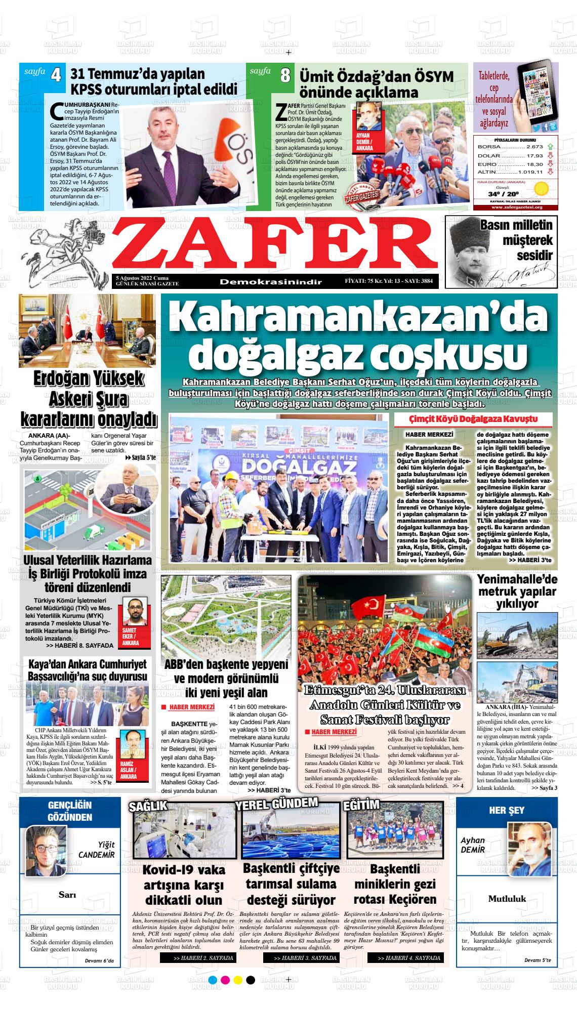 05 Ağustos 2022 Zafer Gazete Manşeti