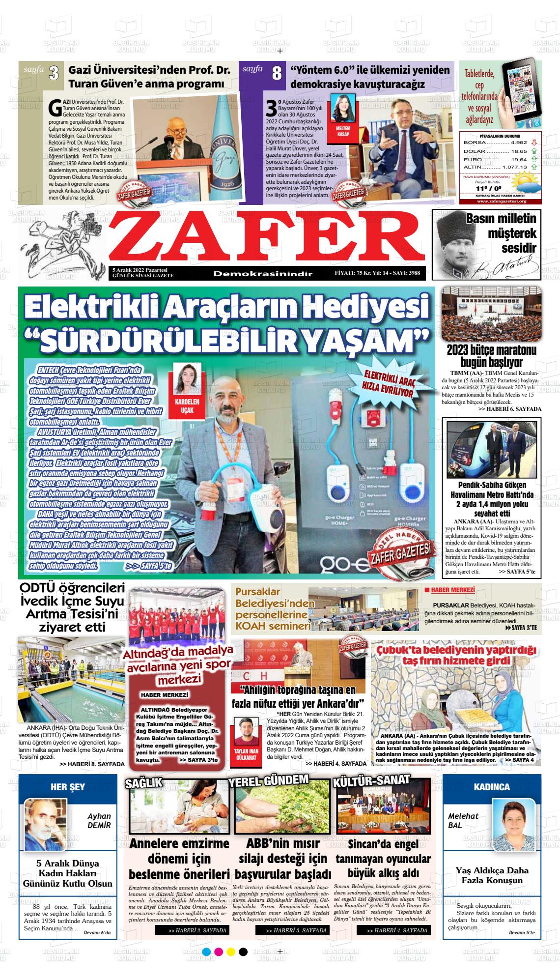 05 Aralık 2022 Zafer Gazete Manşeti